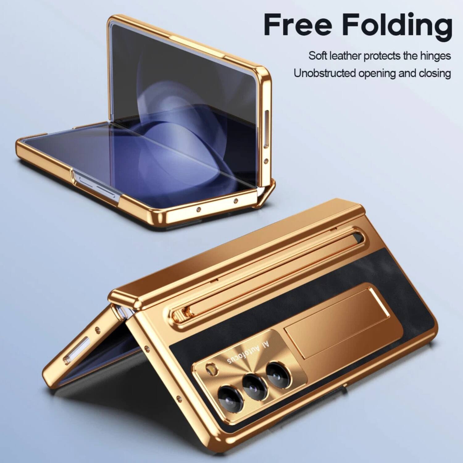 Free Folding  
Soft leather protects the hinges  
Unobstructed opening and closing