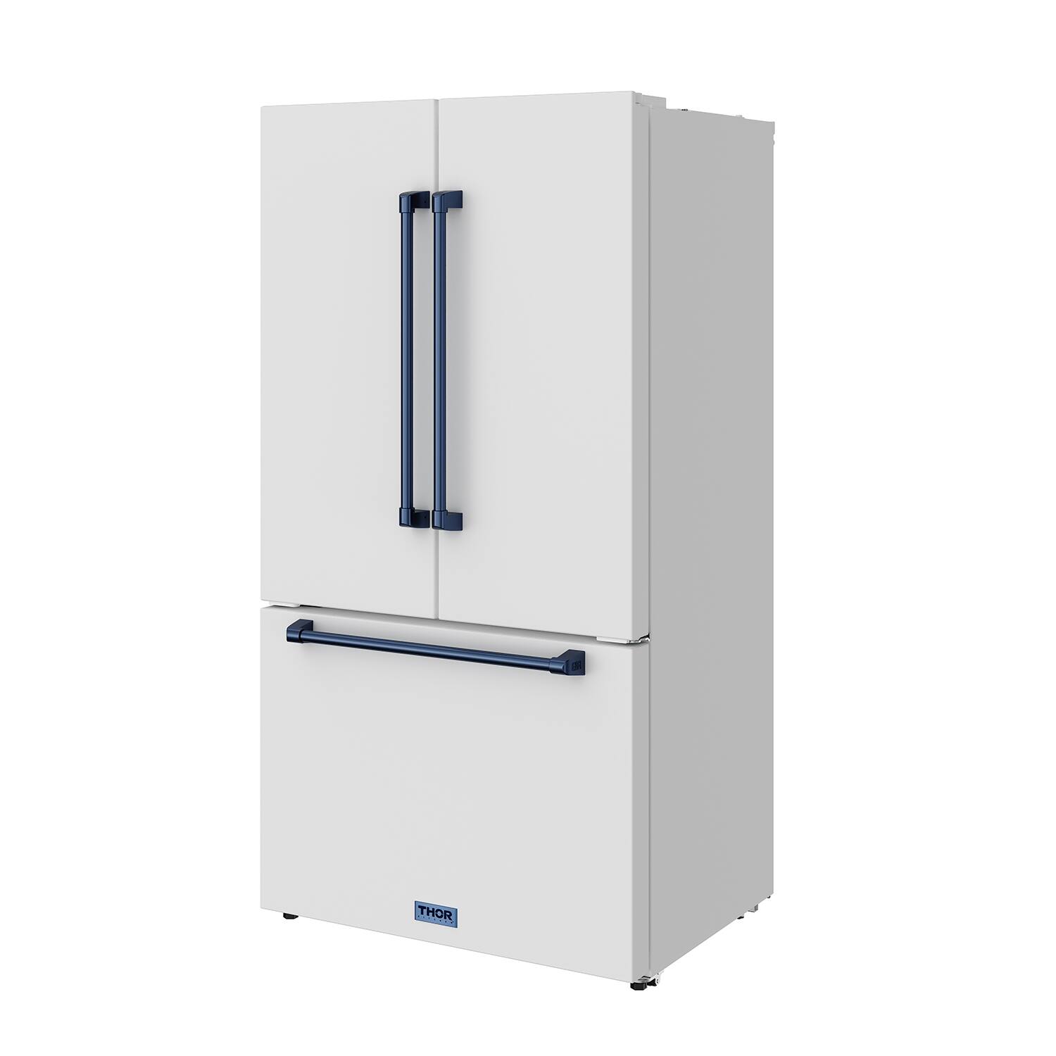 Back. Thor Kitchen - 36 in. Wide Gordon Ramsay Series by Thor Kitchen 20.3 Cu. Ft. Counter Depth Refrigerator with Navy Blue Hardware - Matte White.