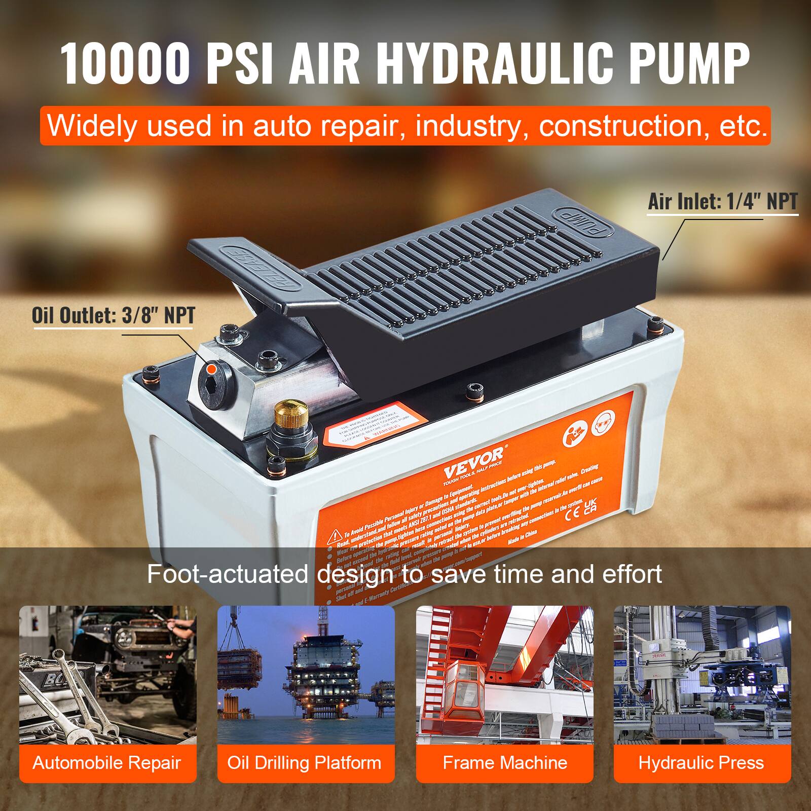 10000 PSI AIR HYDRAULIC PUMP

Widely used in auto repair, industry, construction, etc.

Air Inlet: 1/4" NPT
Oil Outlet: 3/8" NPT

Foot-actuated design to save time and effort

Automobile Repair
Oil Drilling Platform
Frame Machine
Hydraulic Press