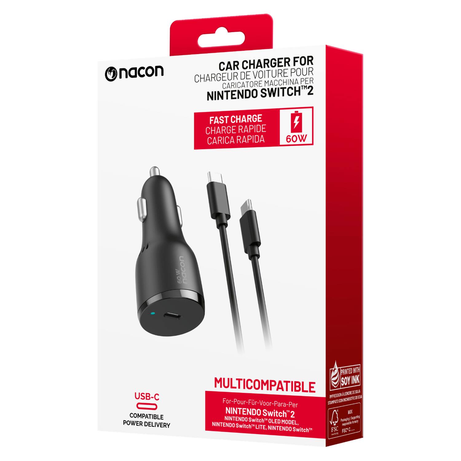 nacon CAR CHARGER FOR DE VOITURE POUR CHARGEUR MACCHINA PER CARICATORE NINTENDO SWITCH 2 FAST CHARGE CHARGE RAPIDE CARICA RAPIDA 4 60W 60.W nacon USB-C COMPATIBLE POWER DELIVERY PRINTED WITH SOY INK MULTICOMPATIBLE knce  INVESSON : CM 2 1C For-Pour-Fr-Voor-Para-Per NINTENDO Switch"2 - NINTENDO Switch AuNrE OR OLED MODEL. RENOH  NINTENDO Switch LITE, NINTENDO Switch FSC C