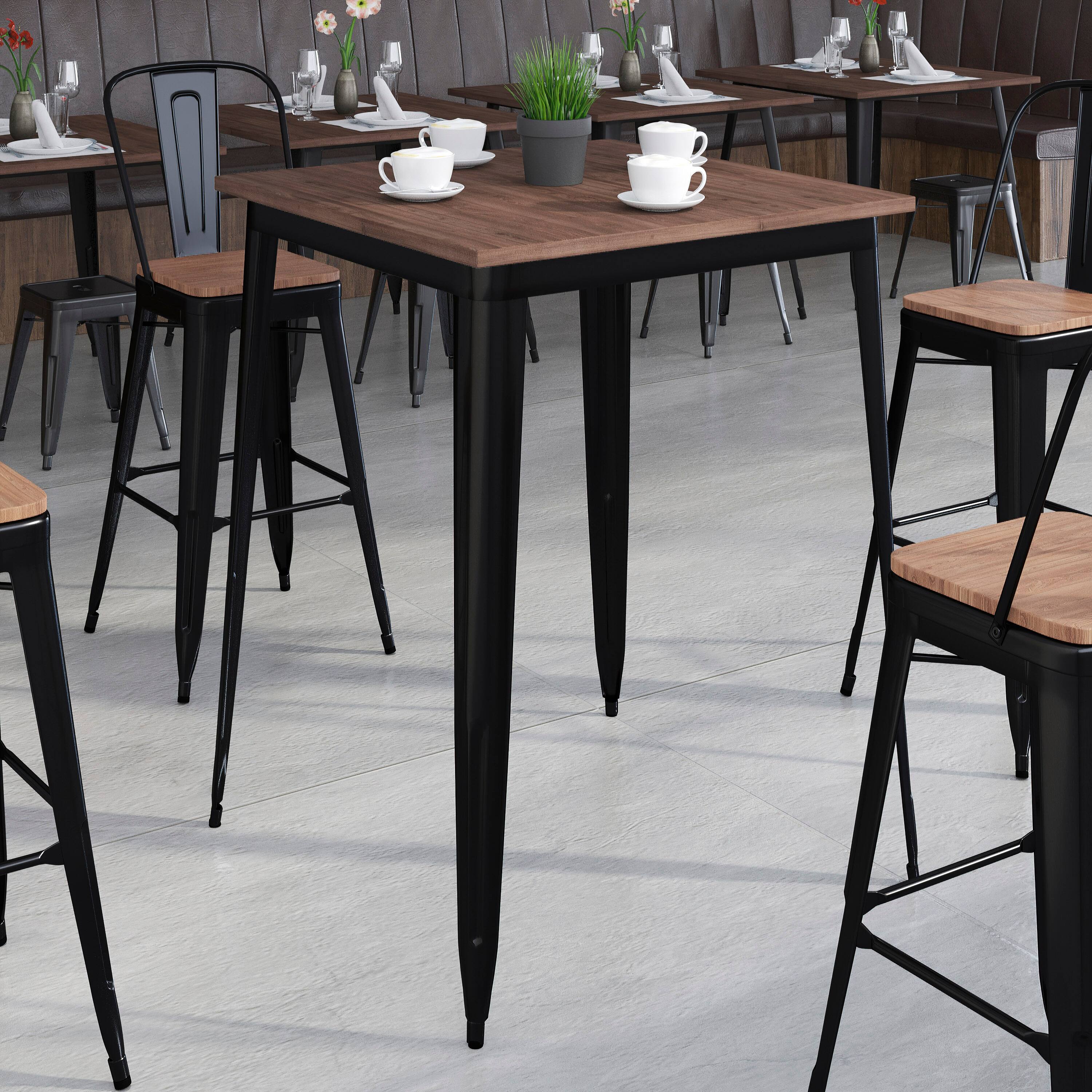 Angle. Flash Furniture - Nolan 31.5" Square Black Metal Indoor Bar Height Table with Walnut Rustic Wood Top - Black.