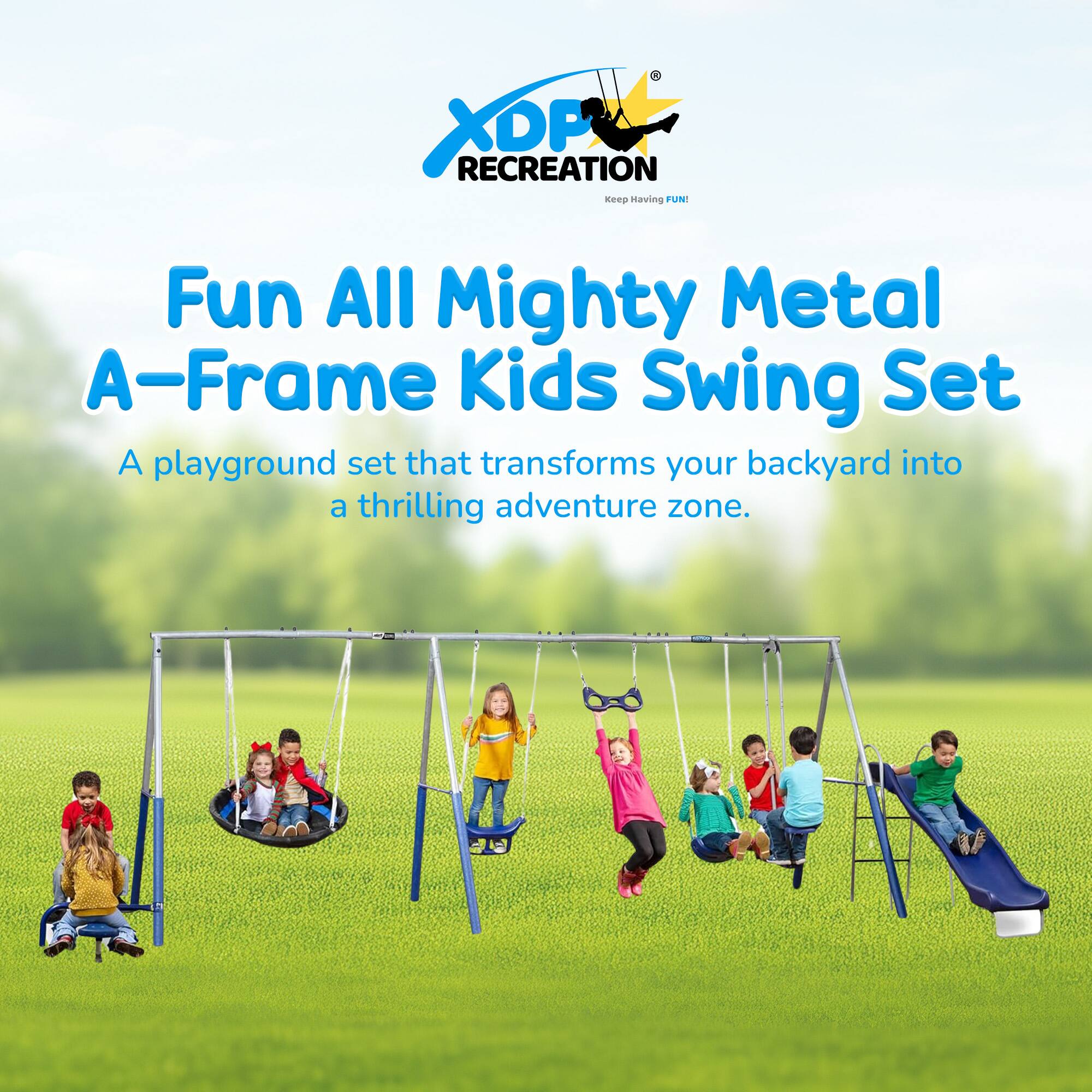 XDP RECREATION  
Fun All Mighty Metal A-Frame Kids Swing Set  
A playground set that transforms your backyard into a thrilling adventure zone.