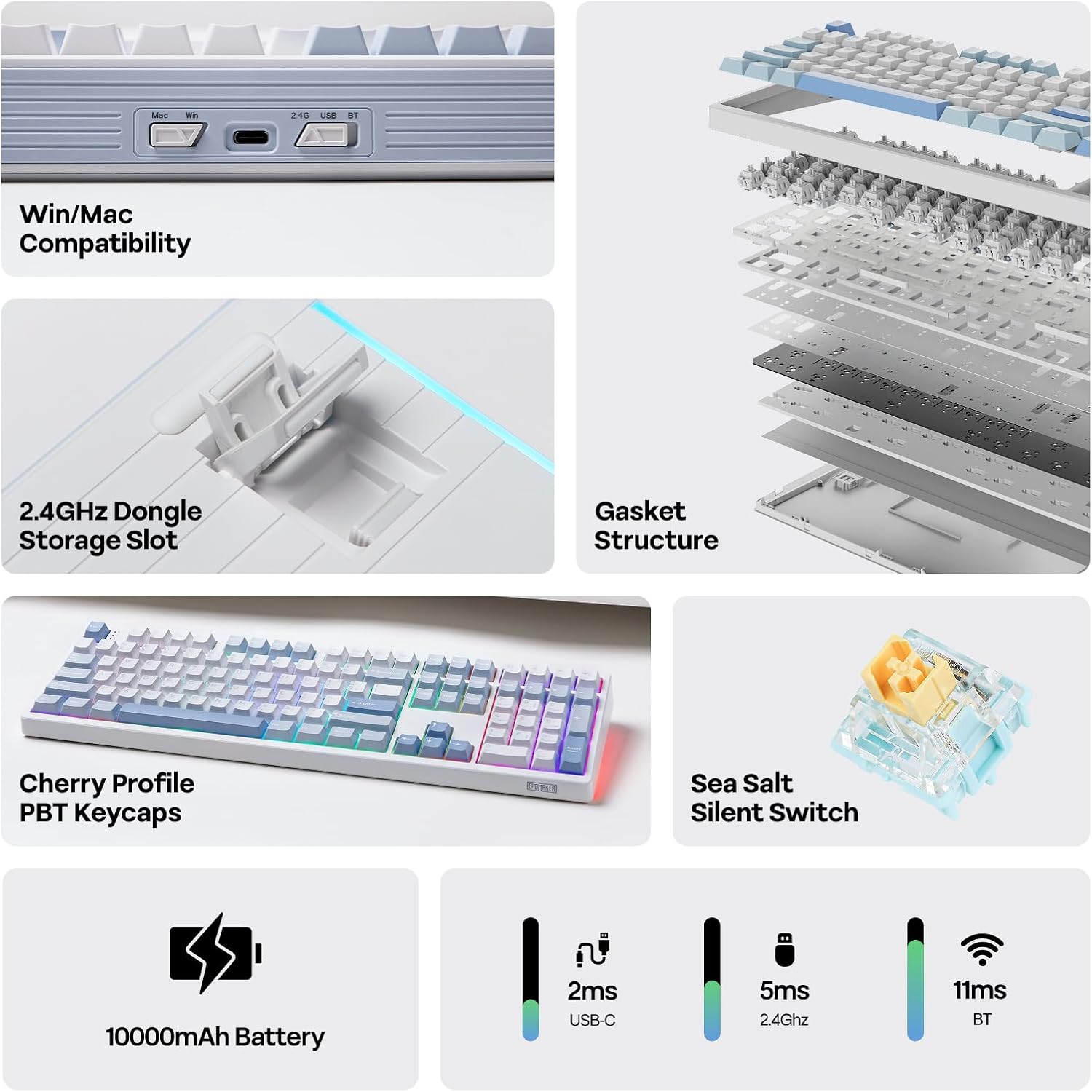 - Win/Mac Compatibility
- 2.4GHz Dongle Storage Slot
- Gasket Structure
- Cherry Profile PBT Keycaps
- Sea Salt Silent Switch
- 10000mAh Battery
- 2ms USB-C
- 5ms 2.4GHz
- 11ms BT