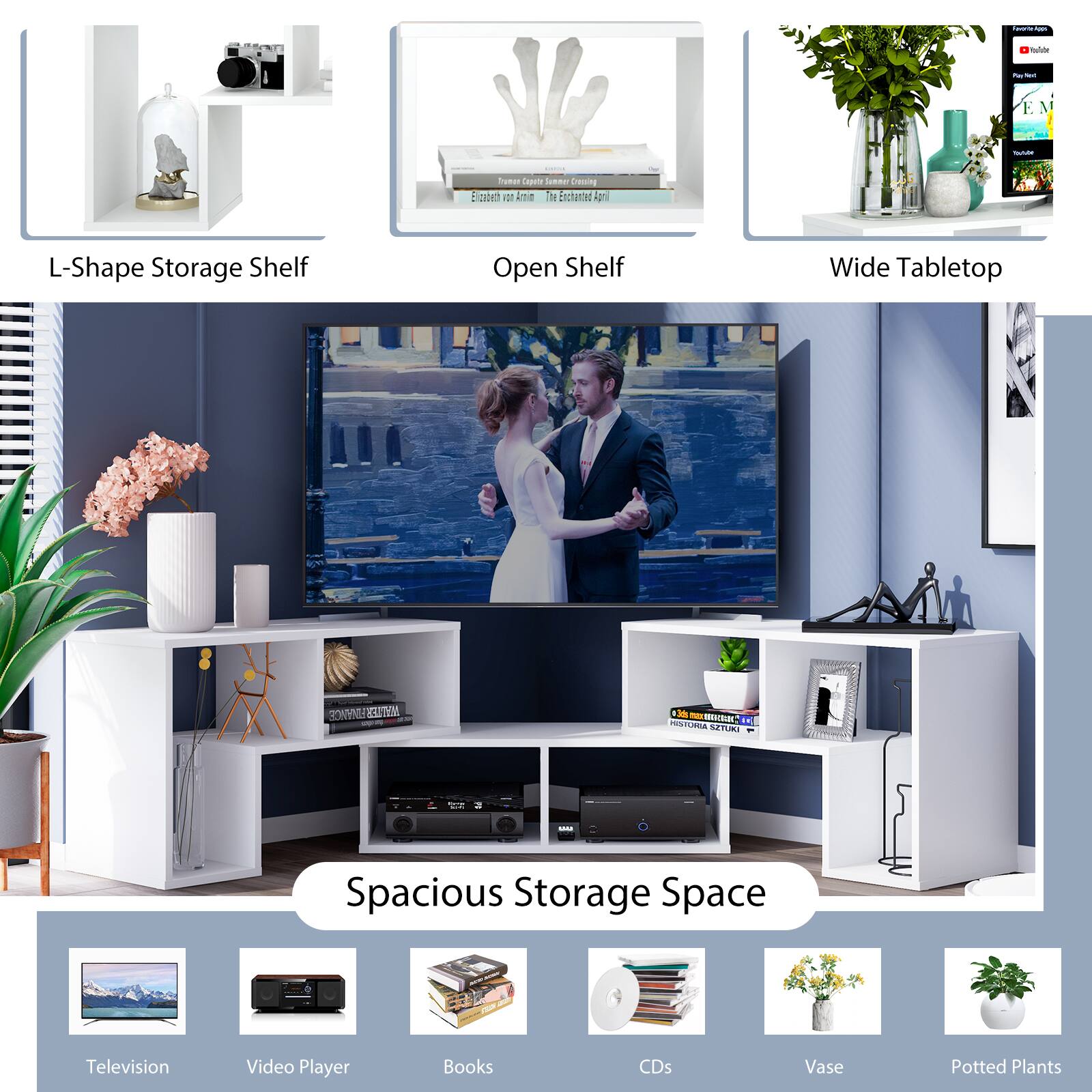 1 : - n I - F. - | frunas Capato  drmin ! HO # imie IN4 Enchaned igri L-Shape Storage Shelf Open Shelf Wide Tabletop | ROWPNE WALTER - Fio -  1N PRSLR MTLK Spacious Storage Space Television Video Player Books CDs Vase Potted Plants