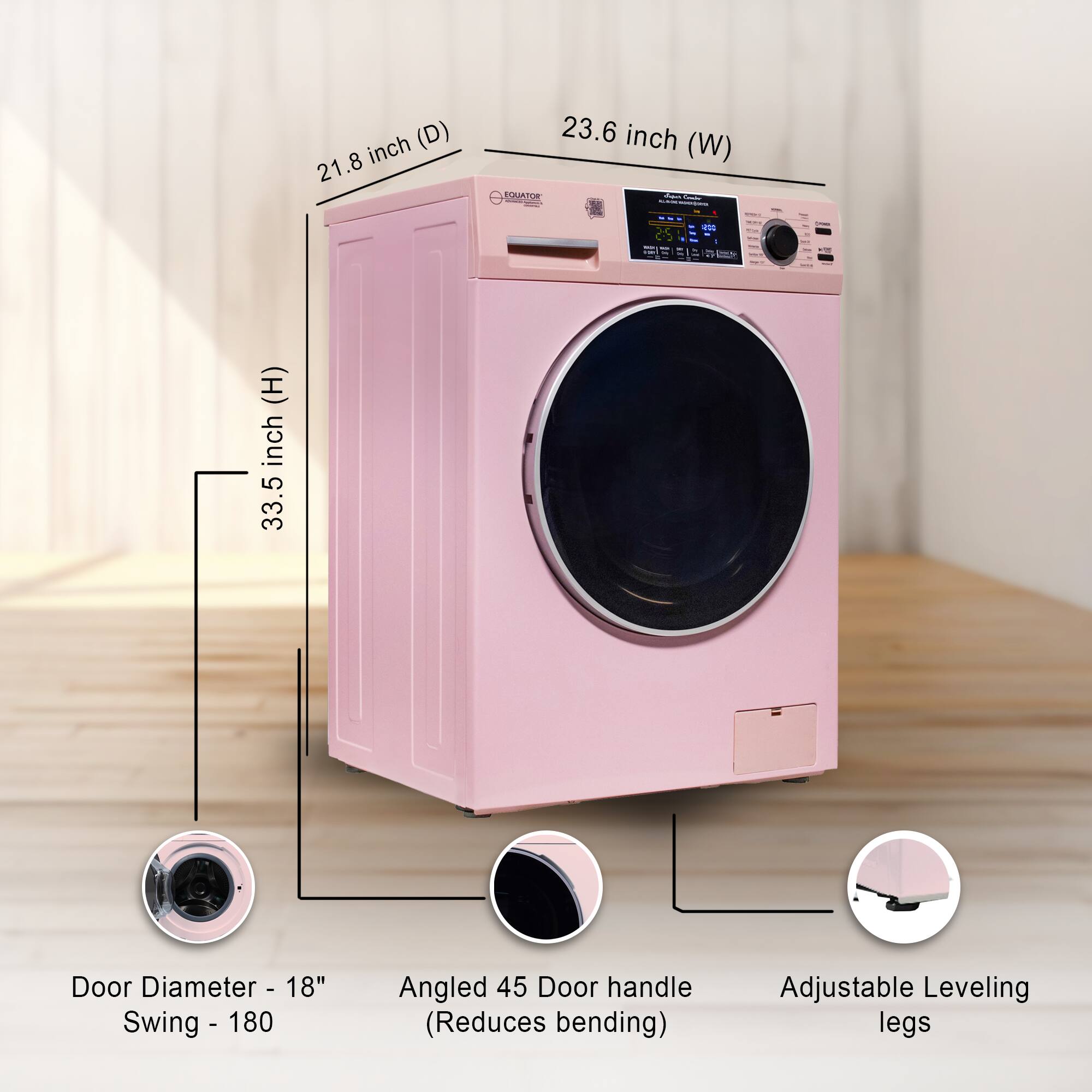 - **Dimensions:**
  - Width (W): 23.6 inch
  - Depth (D): 21.8 inch
  - Height (H): 33.5 inch

- **Features:**
  - Door Diameter: 18"
  - Door Swing: 180°
  - Angled 45° Door handle (Reduces bending)
  - Adjustable Leveling legs