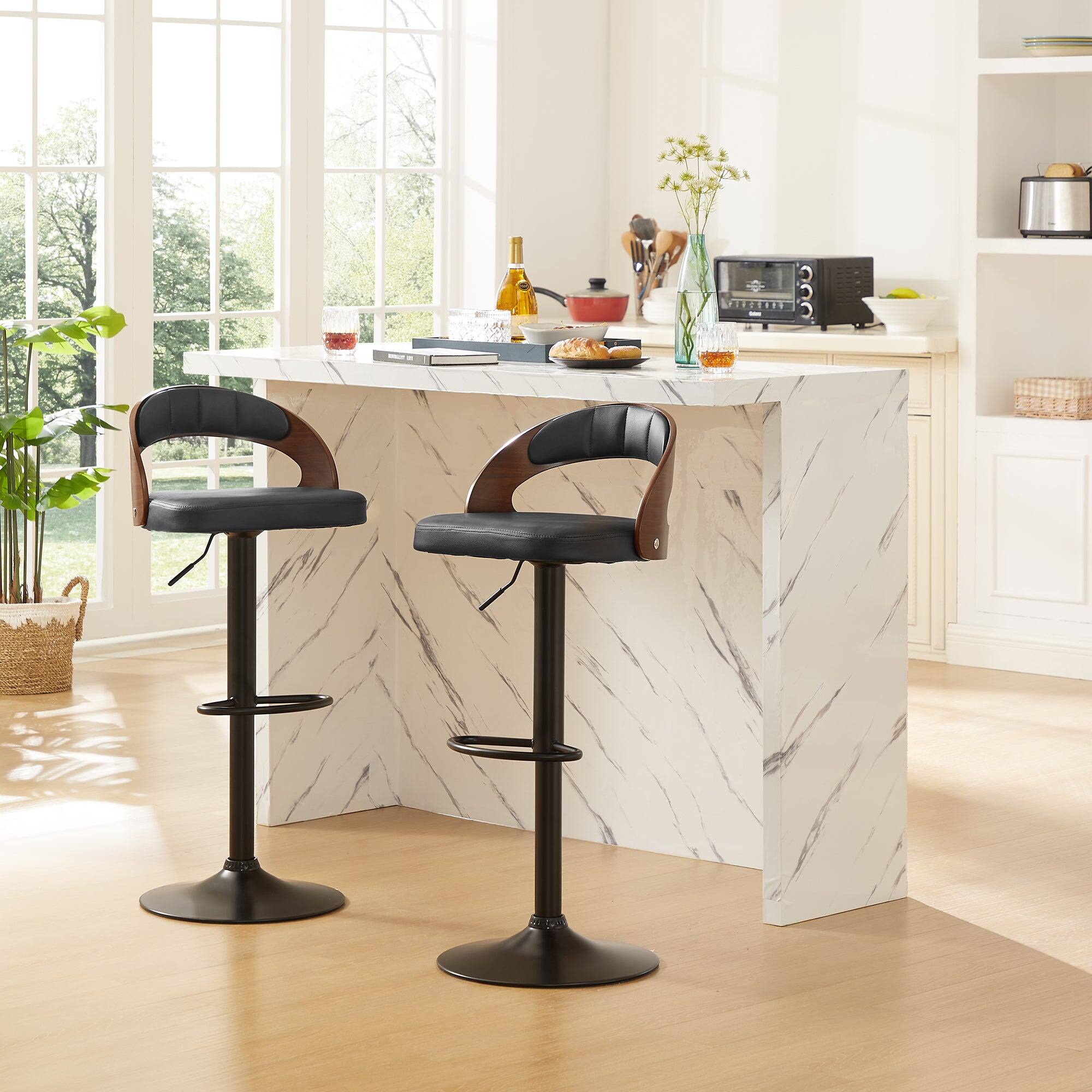 Alt View 1. Vecelo - Set of 2 Swivel Bar Stools with Adjustable Height - 360° Rotation, PU Leather & Metal Base, 330lb Capacity - Black.