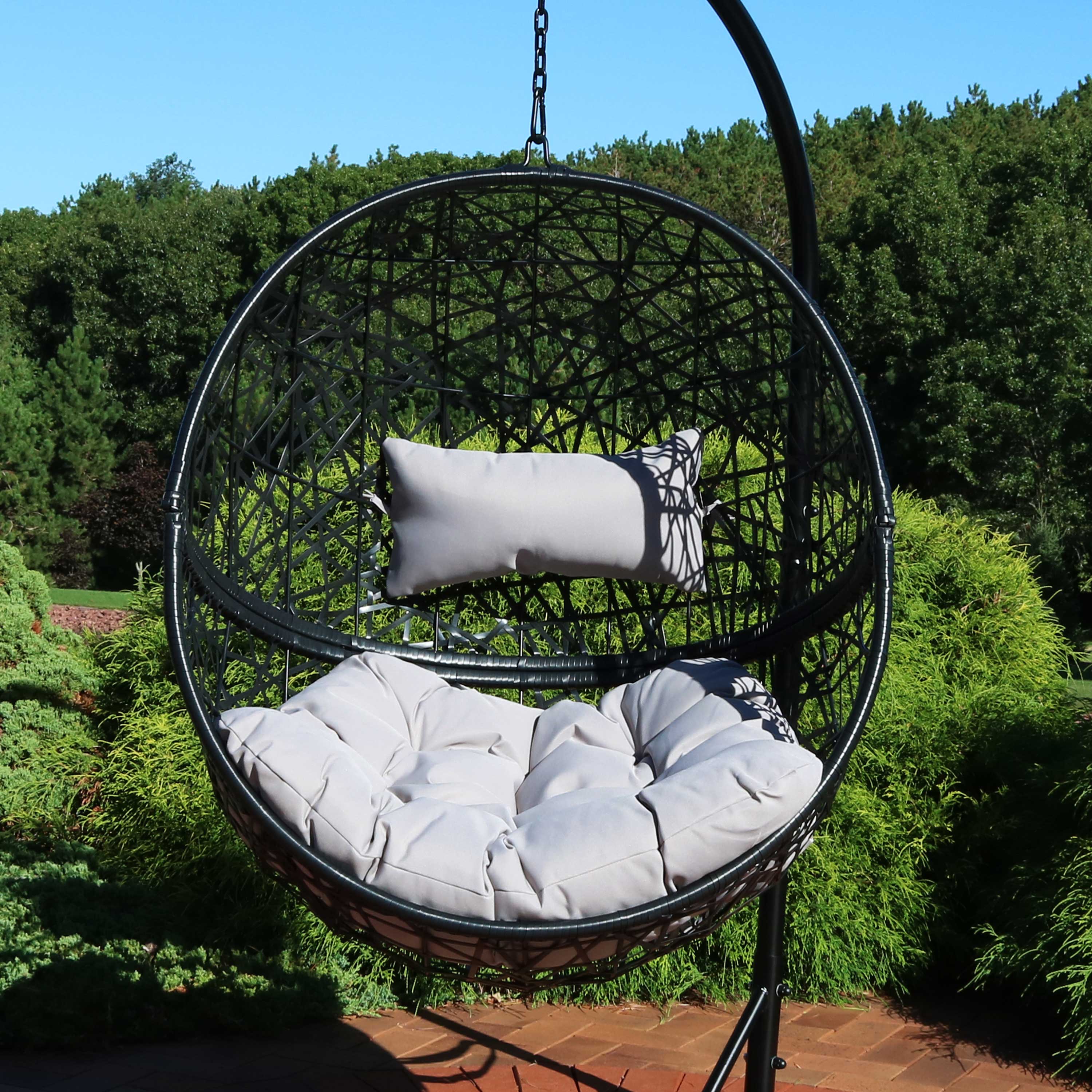 Alt View 3. Sunnydaze - Black Resin Wicker Round Hanging Egg Chair with Cushions - Gray.