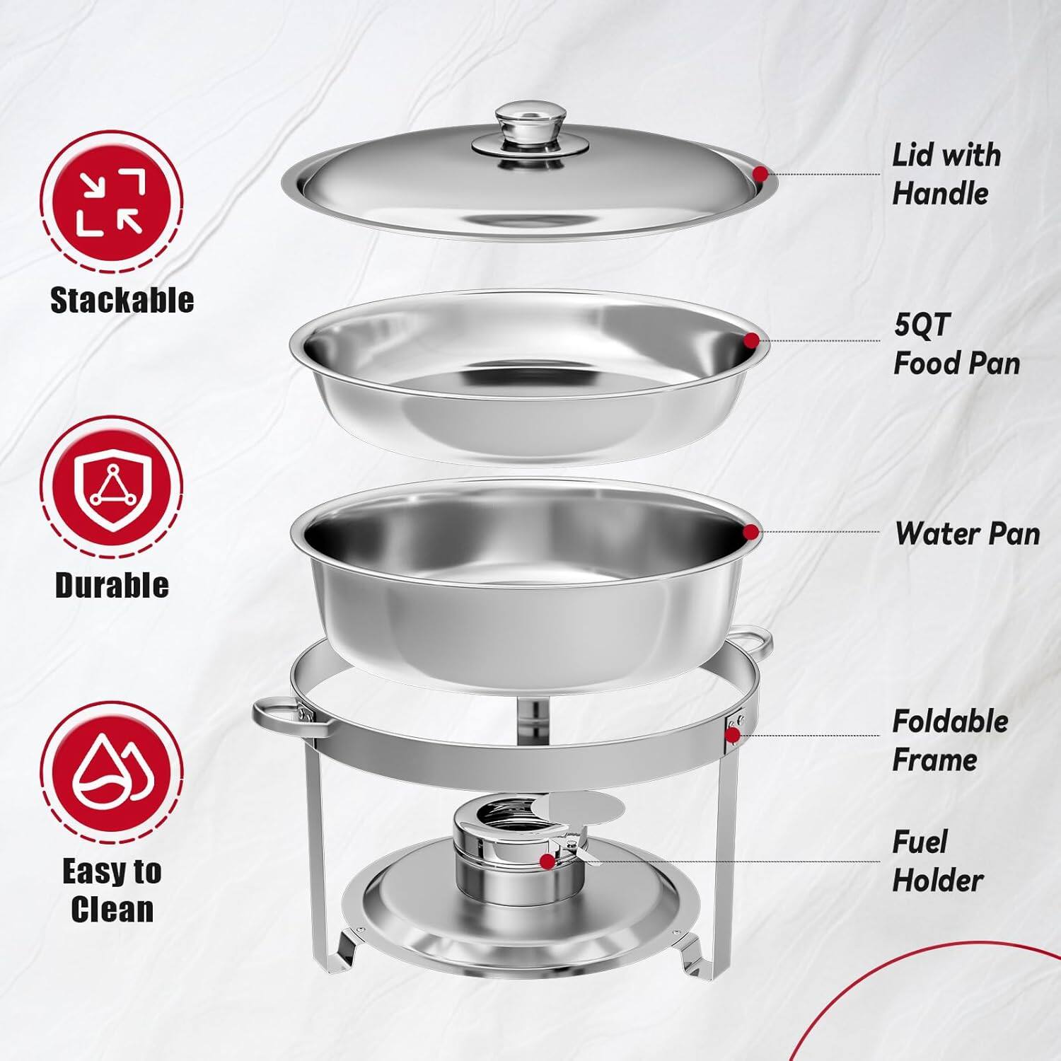 Lid with Handle, Stackable, 5QT Food Pan, Durable, Water Pan, Foldable Frame, Easy to Clean, Fuel Holder