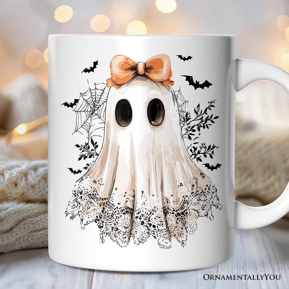 Back. OrnamentallyYou - Coquette Ghost Mug, Cute Halloween Gift - White.