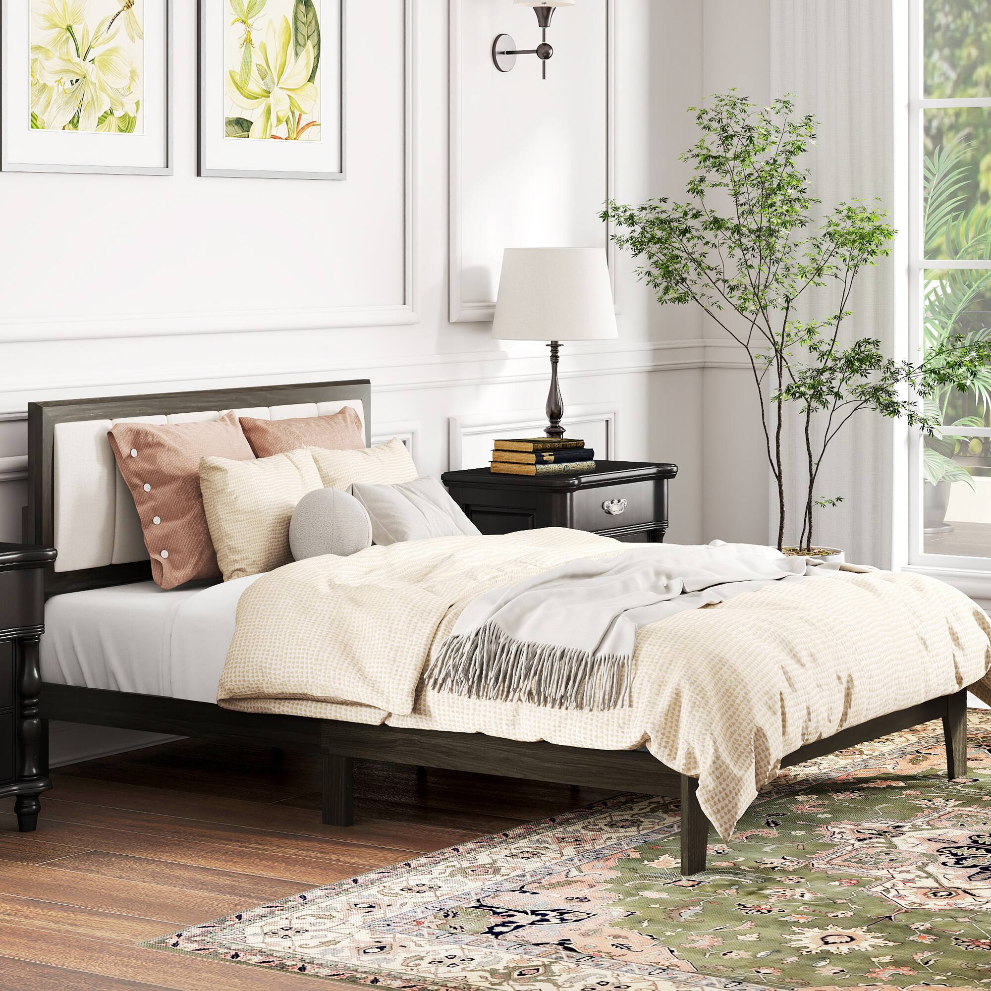 Alt View 8. Homcom - Full Upholstered Platform Bed Frame: Wood Slats No Box Spring Fast Setup - Charcoal Gray.