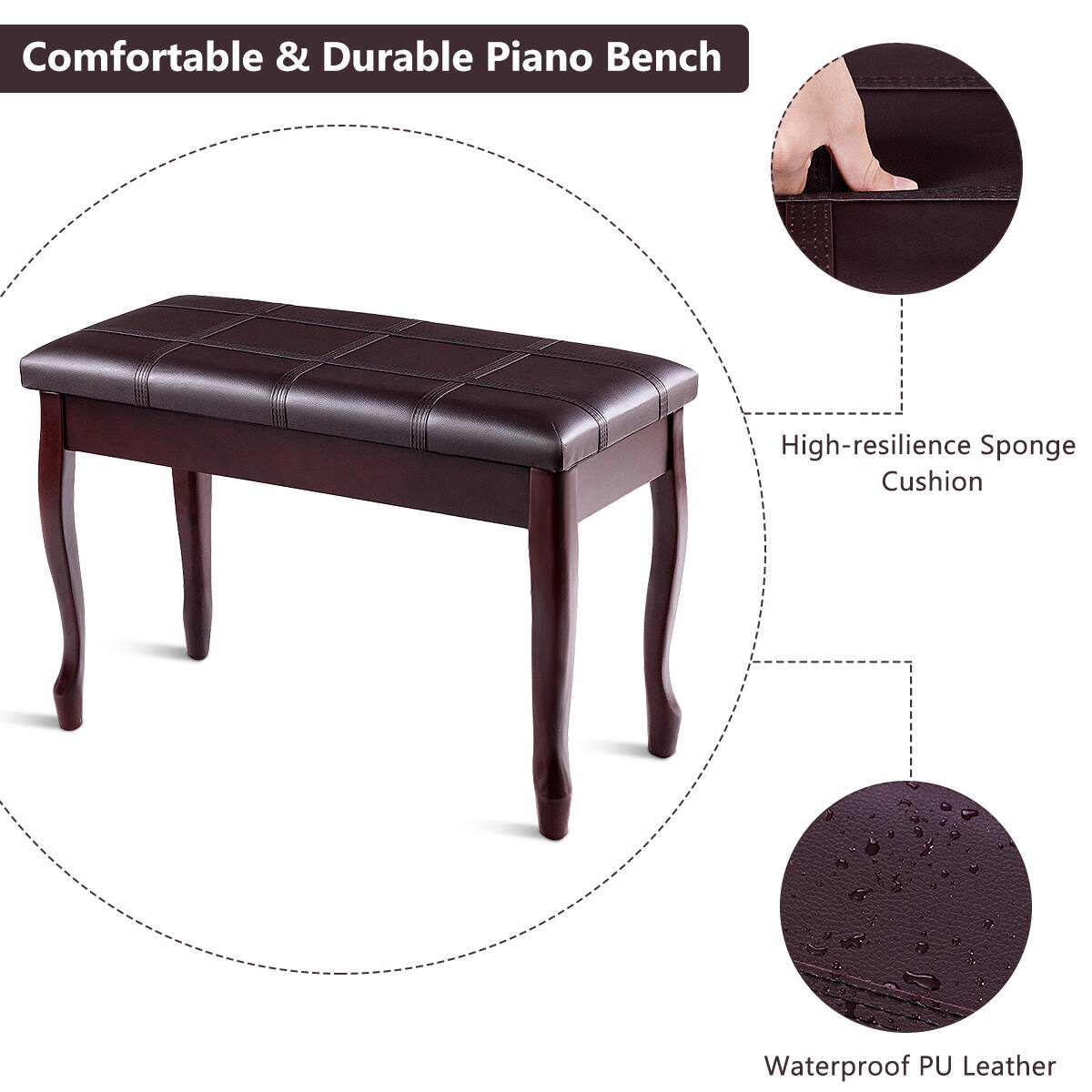 Comfortable & Durable Piano Bench

- High-resilience Sponge Cushion
- Waterproof PU Leather