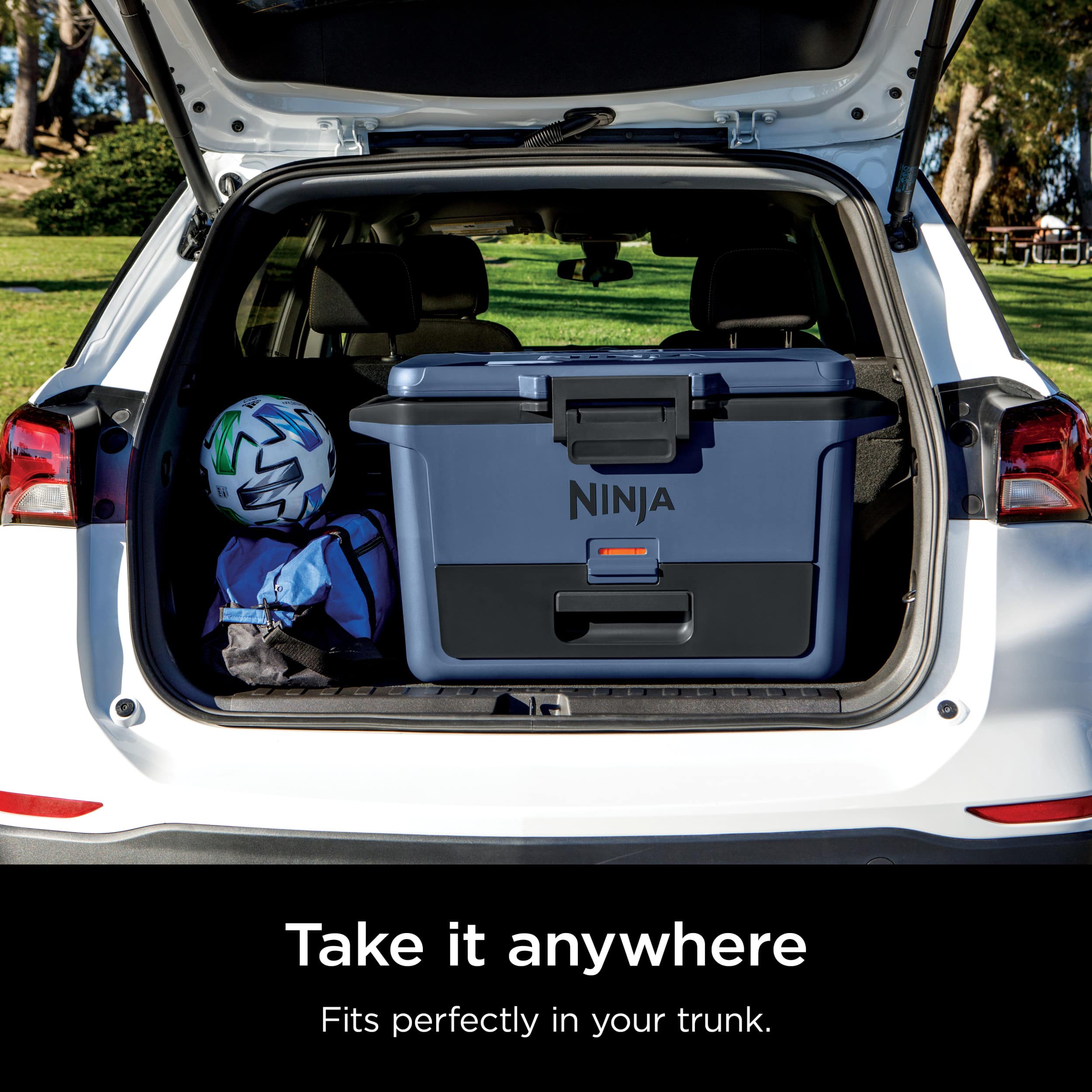 The text on the image reads, "Take it anywhere. Fits perfectly in your trunk."