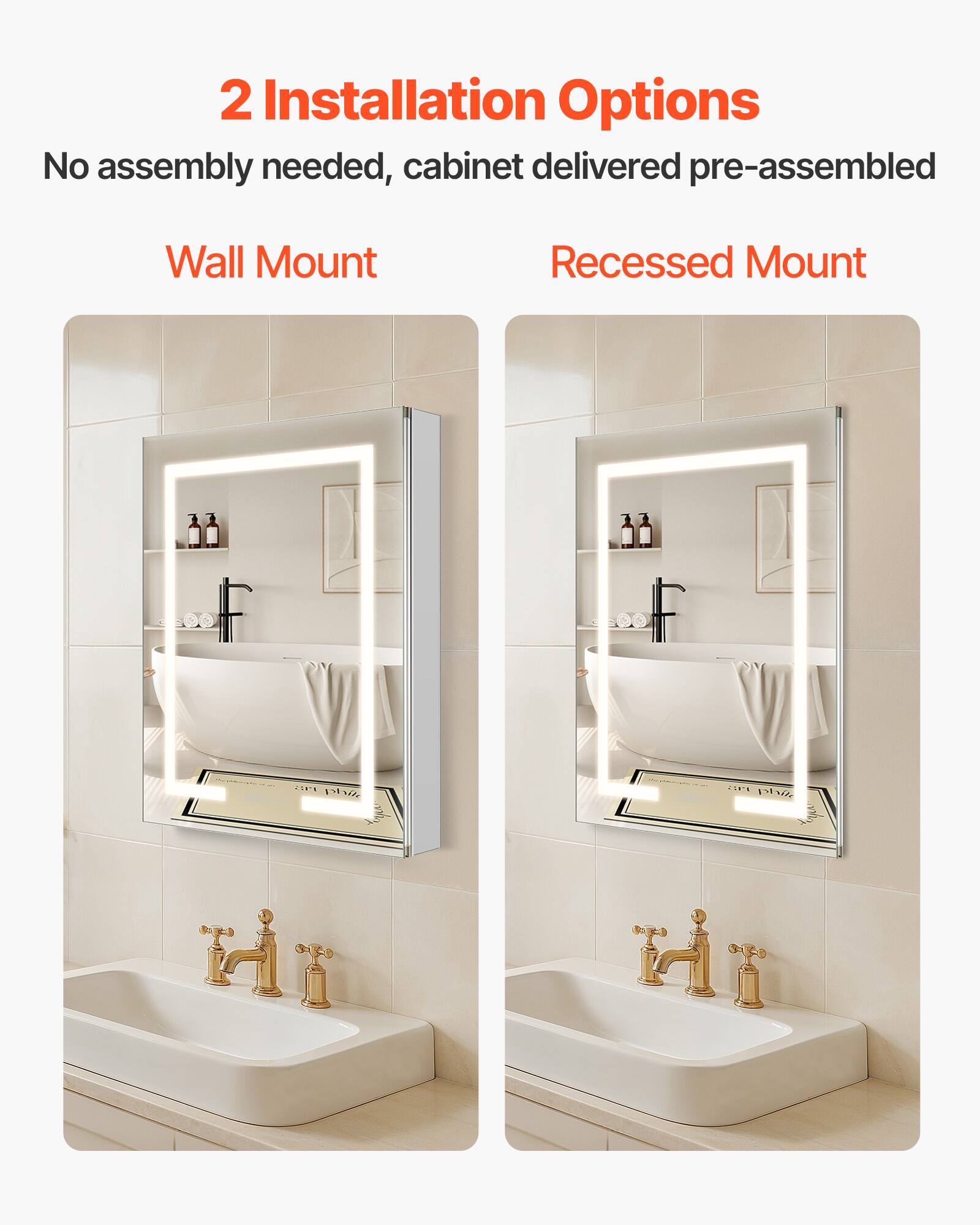 2 Installation Options
No assembly needed, cabinet delivered pre-assembled
Wall Mount
Recessed Mount