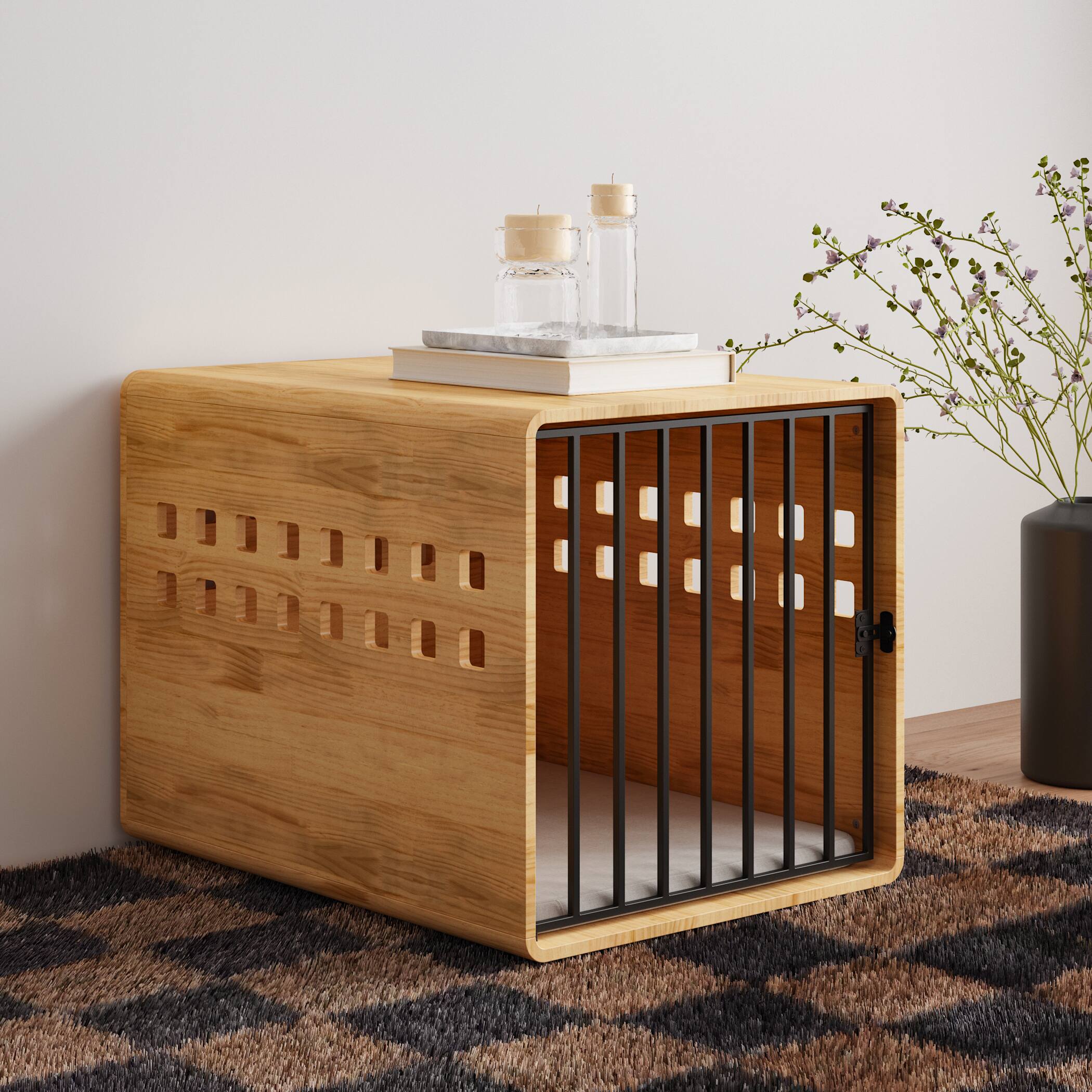 Left. Famapy - Solid Wood Dog Crate Furniture for Small Dogs – Indoor Pet Kennel with End Table Design, Ventilation & Safety Features.