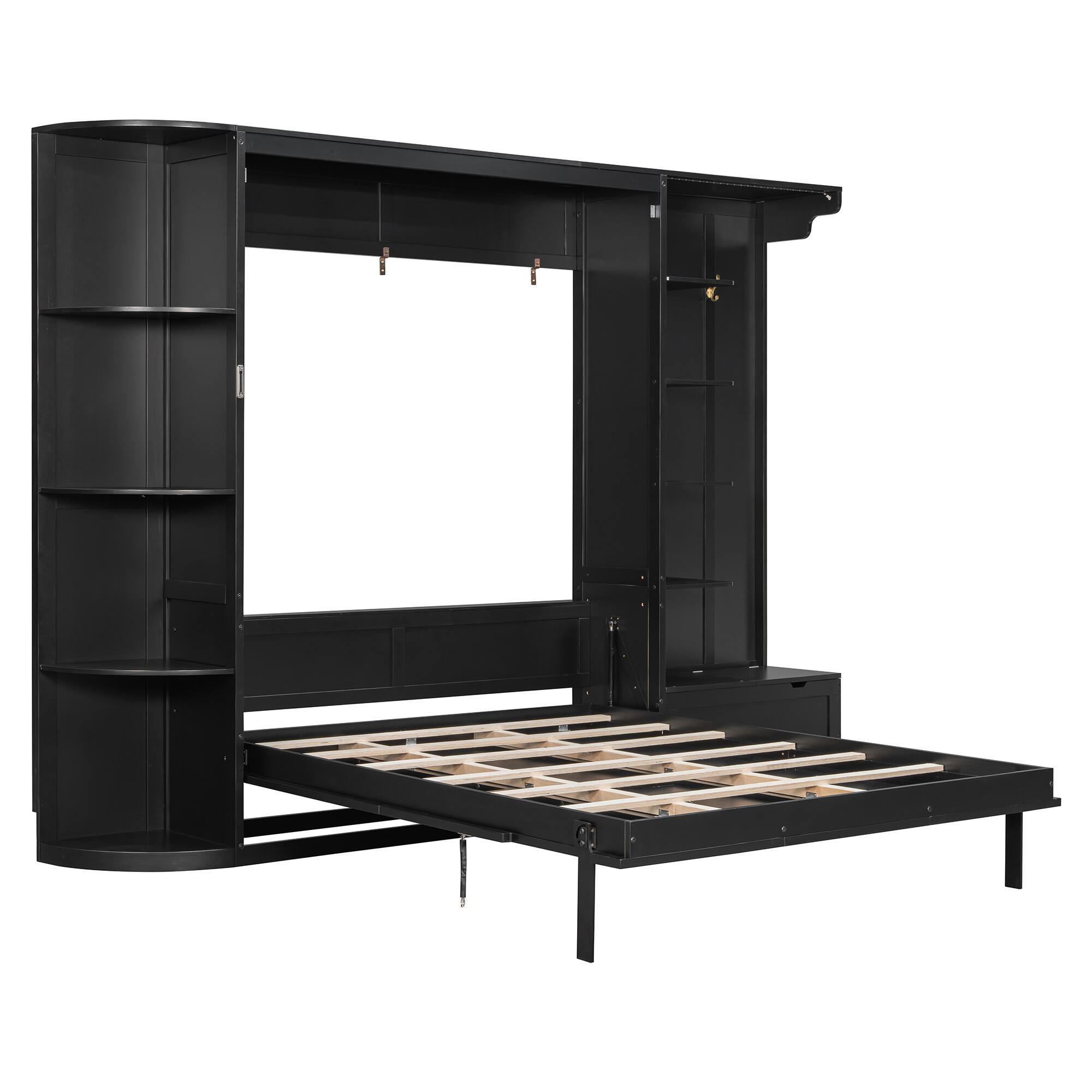 Back. Whisen - Queen Murphy Bed with Desk Storage & LED Lights, Space-Saving Wall Bed for Guest Room & Home Office - Black.