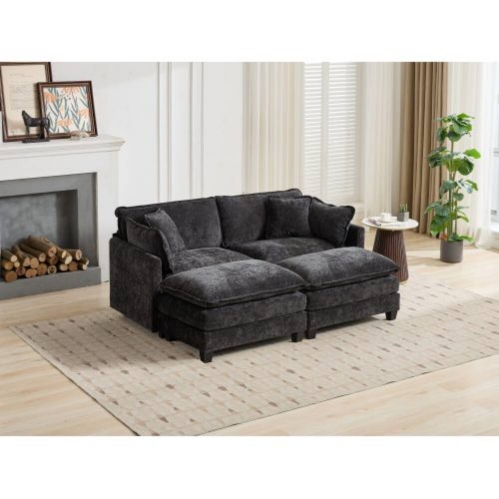 Alt View 1. LUCKY ONE - Modular Cloud Sofa Loveseat Sectional Couch Chenille Fabric Double Layer Cushion - Black.