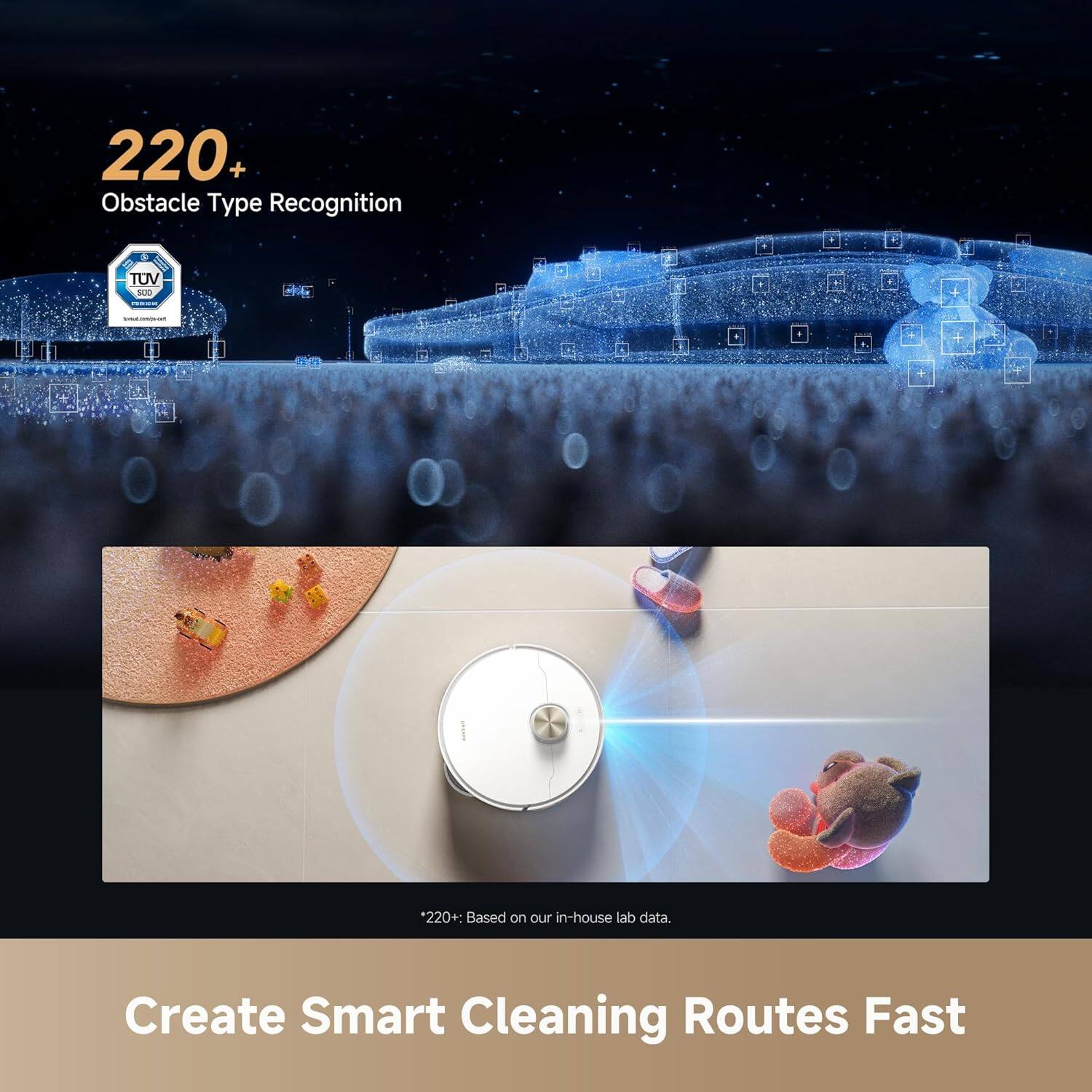 220+ Obstacle Type Recognition  
TUV SUD  
*220+: Based on our in-house lab data.  
Create Smart Cleaning Routes Fast