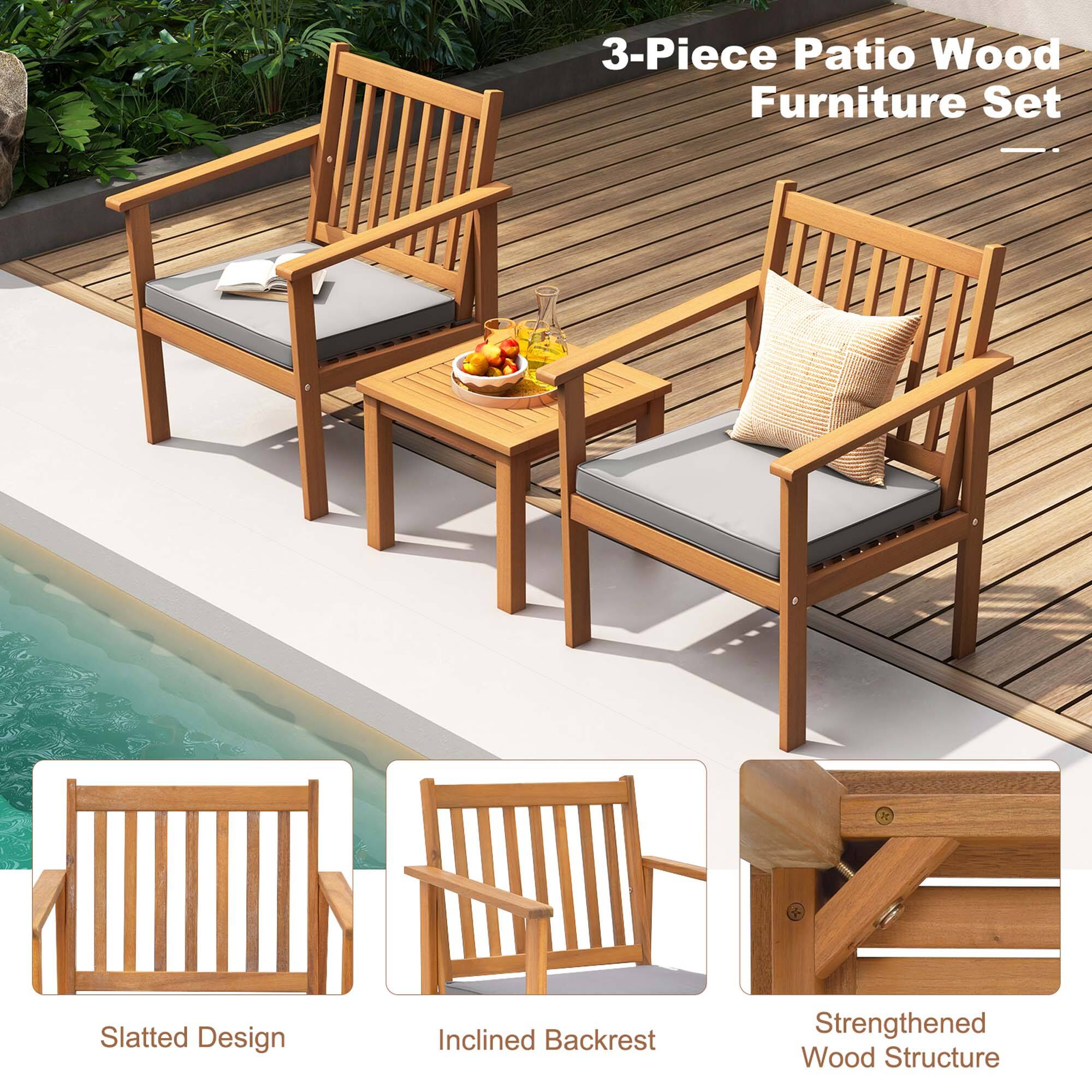 3-Piece Patio Wood Furniture Set | Slatted Design Inclined Backrest Strengthened Wood Structure