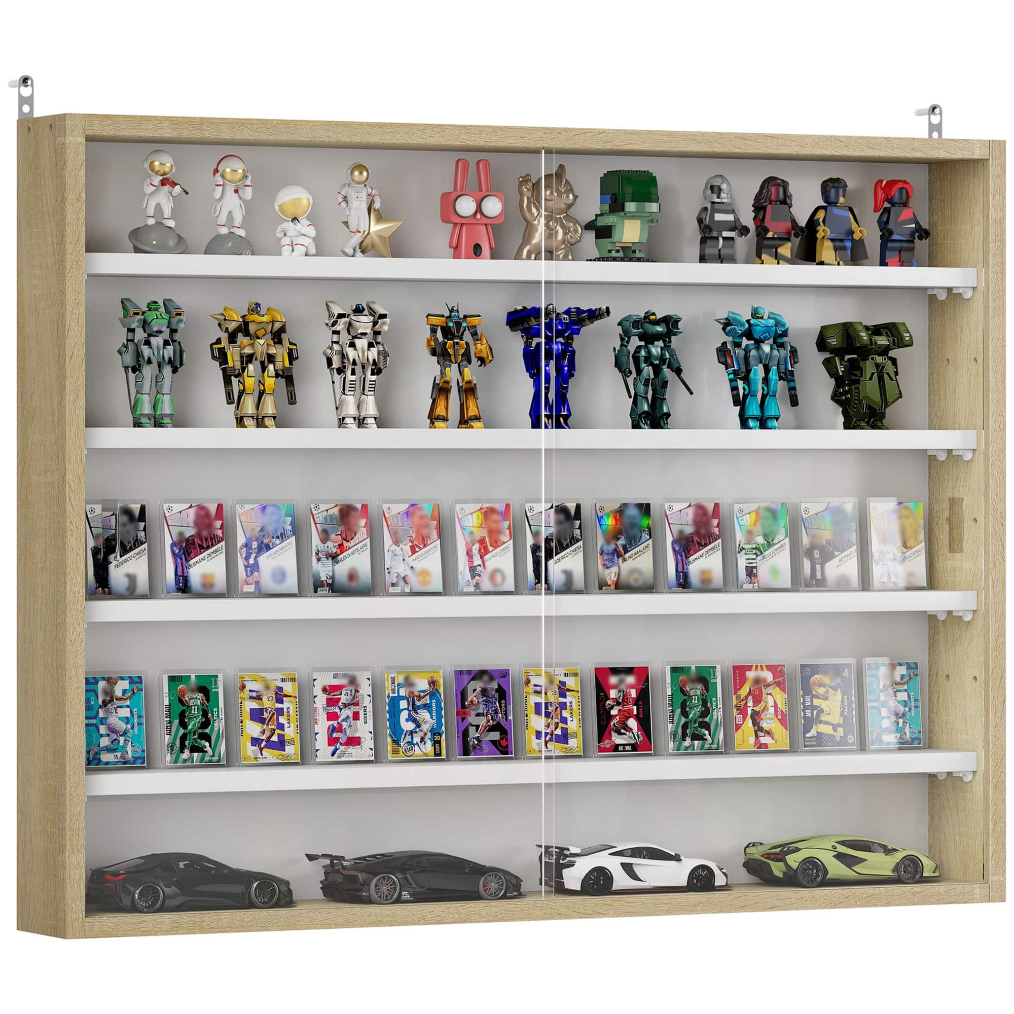 Homcom - 5-Tier Display Cabinet, Wall-Mounted Display Case with 2 Glass Doors and Adjustable Shelves - Oak