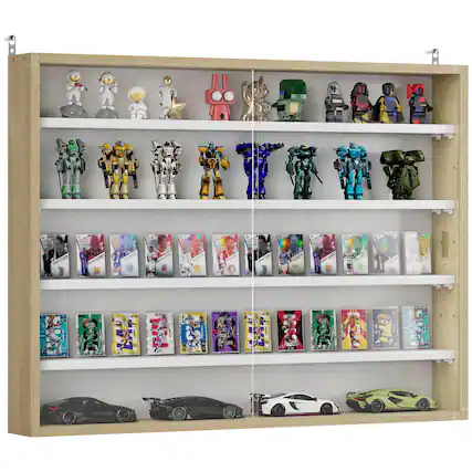 Front. Homcom - 5-Tier Display Cabinet, Wall-Mounted Display Case with 2 Glass Doors and Adjustable Shelves - Oak.