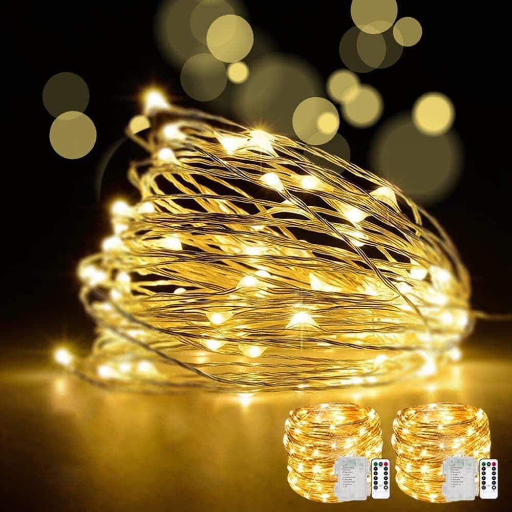 FINEAK - 2 Set 33ft 100 LED Fairy String Lights - Remote Control Battery Operated Warm White