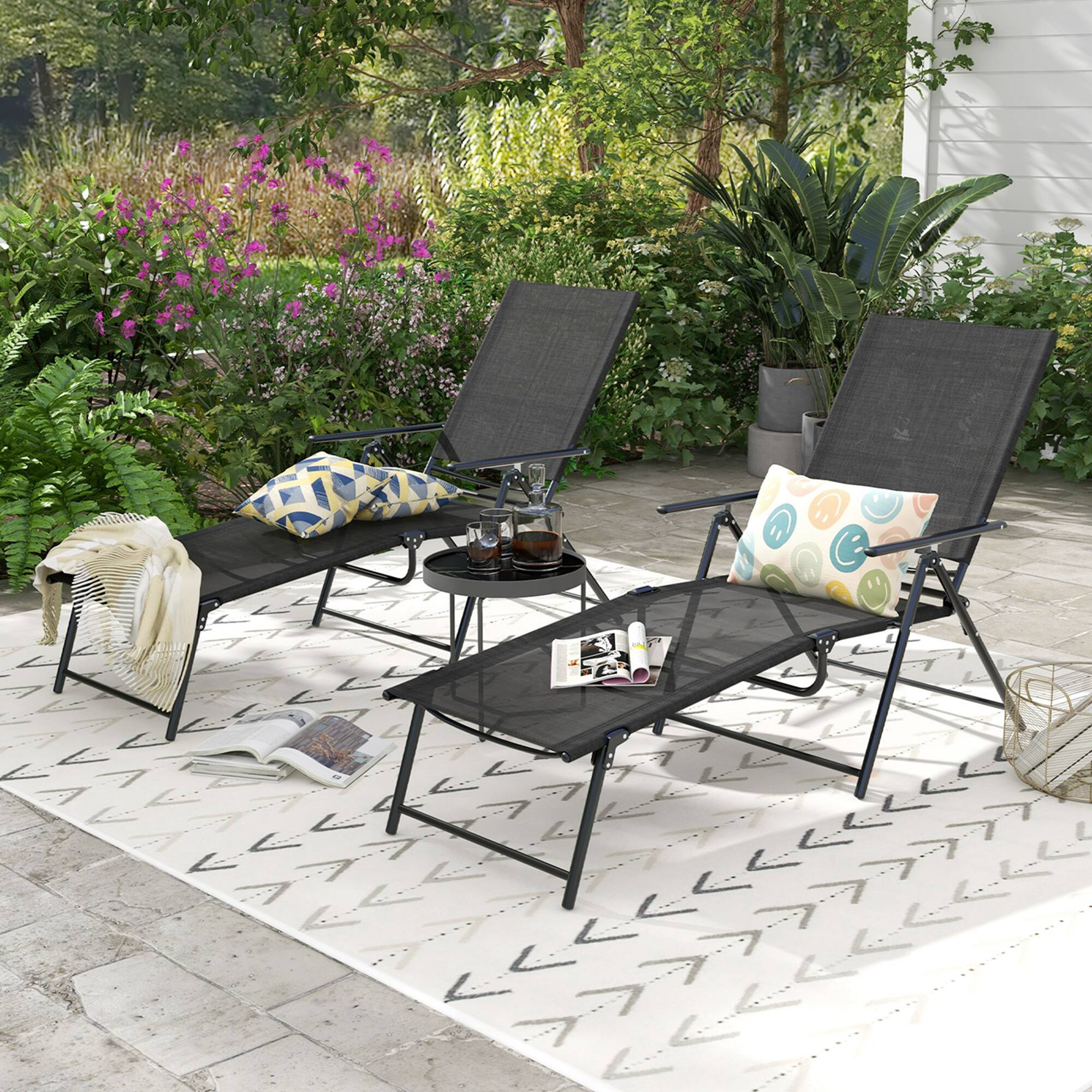 Back. Costway - 2 Piece Patio Folding Chaise Lounge Chairs with 6-Level Backrest Reclining Chairs - Black.