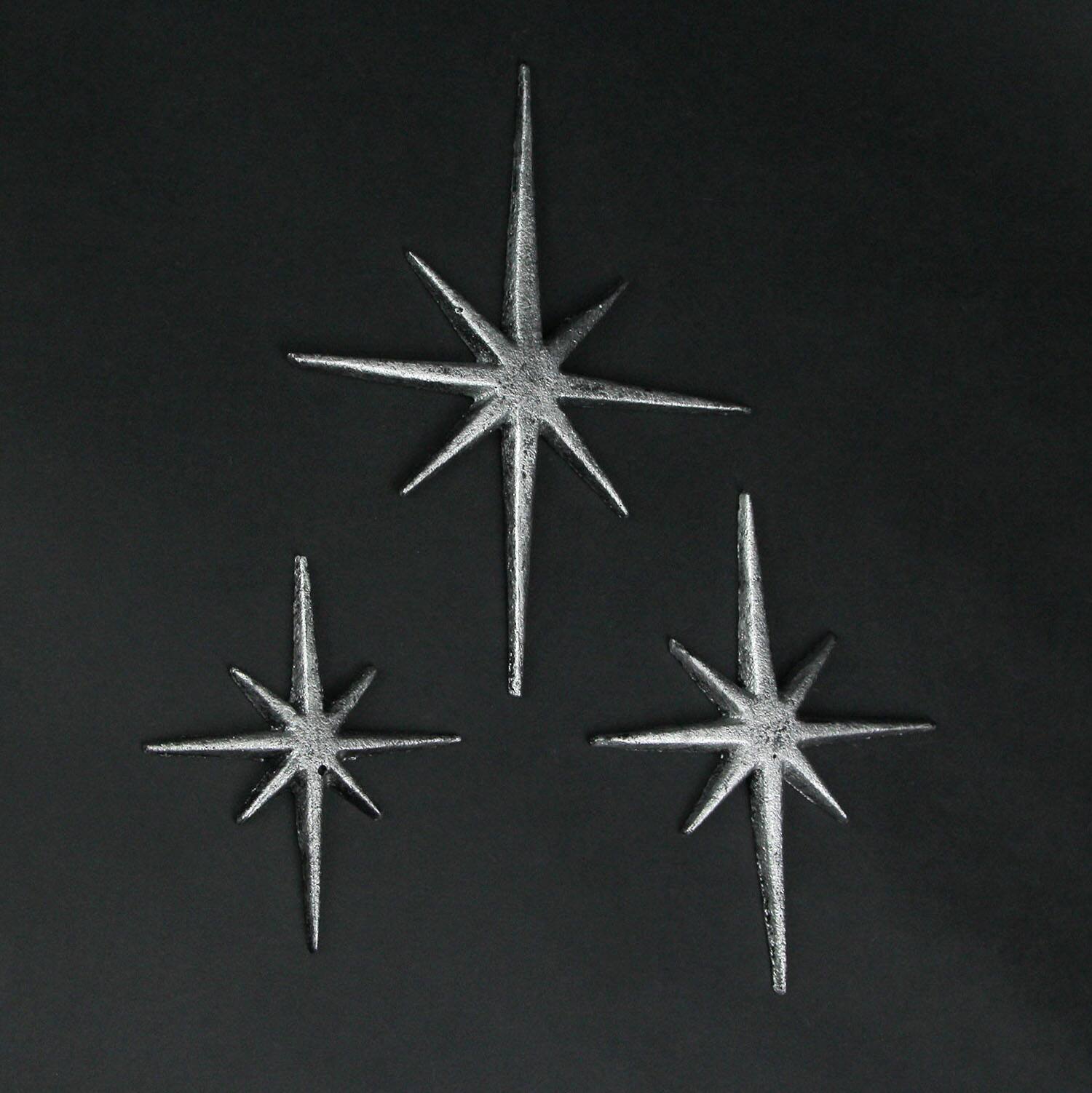 Alt View 2. Zeckos - Set of 3 Metallic Silver Cast Iron 8 Pointed Starburst Wall Hangings Stars - Silver.