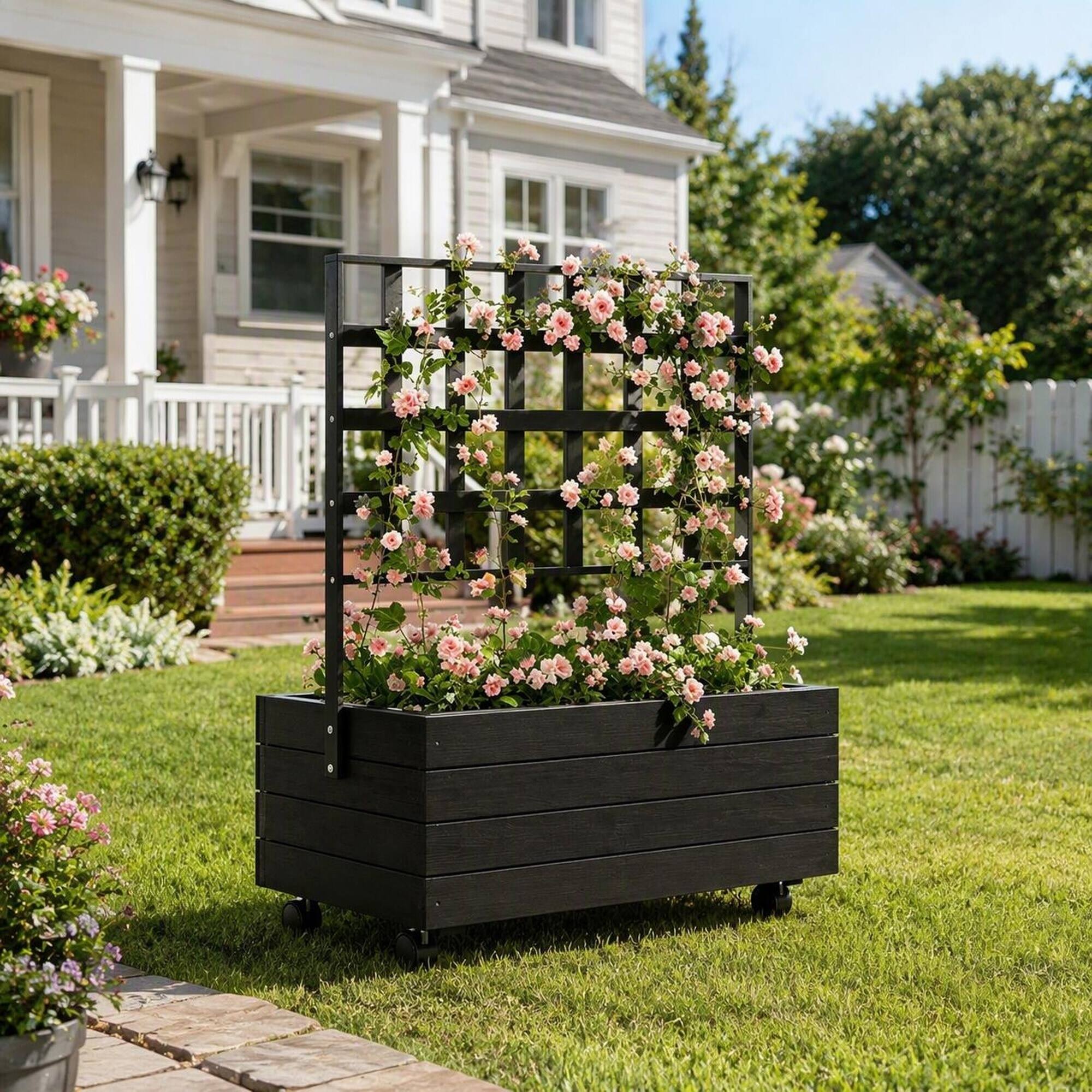 Alt View 1. RYHNUYNE - Wooden Elevated Garden Bed with Trellis on Wheels for Patio, 34.6 x 18.9 x 41.3 Inch Fir Raised Planter Box - Black.