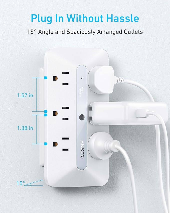 Plug In Without Hassle  
15° Angle and Spaciously Arranged Outlets  

1.57 in  
1.38 in  

ANKER