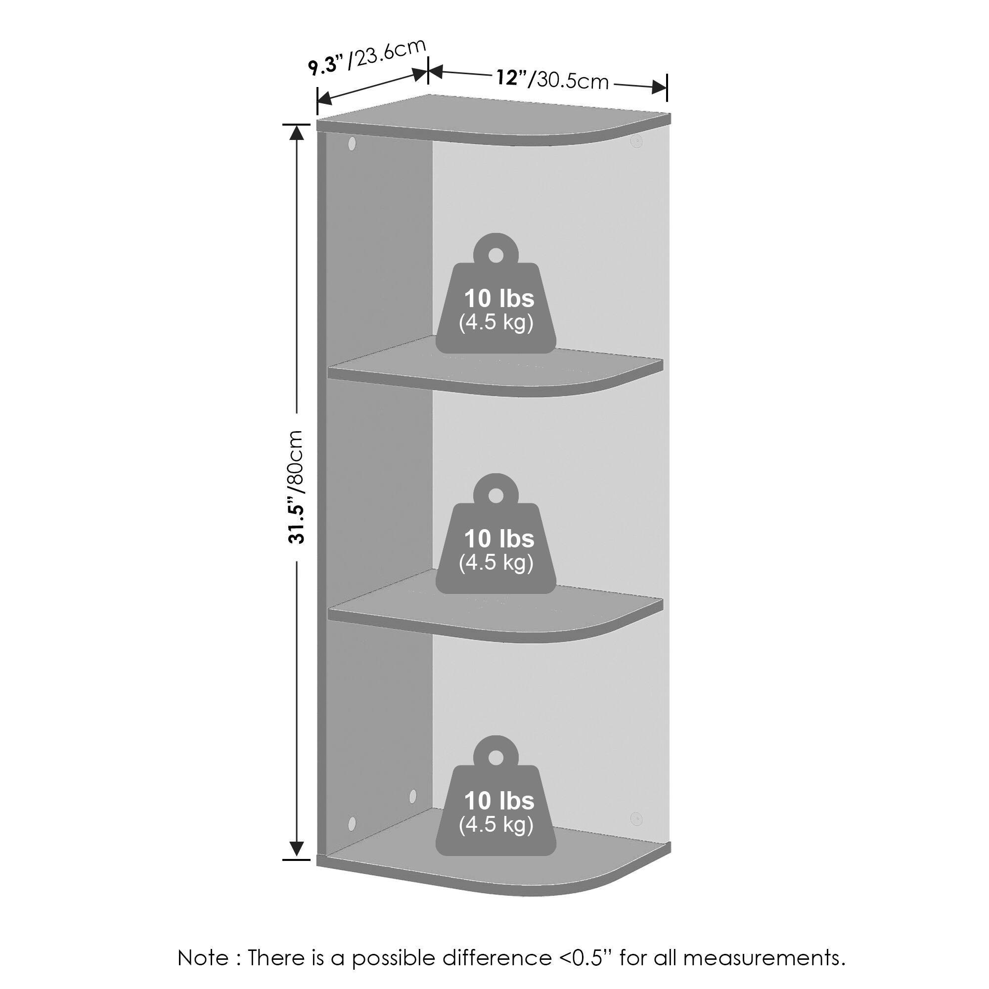 9.3" / 23.6 cm  
12" / 30.5 cm  
31.5" / 80 cm  

10 lbs (4.5 kg)  
10 lbs (4.5 kg)  
10 lbs (4.5 kg)  

Note: There is a possible difference <0.5" for all measurements.