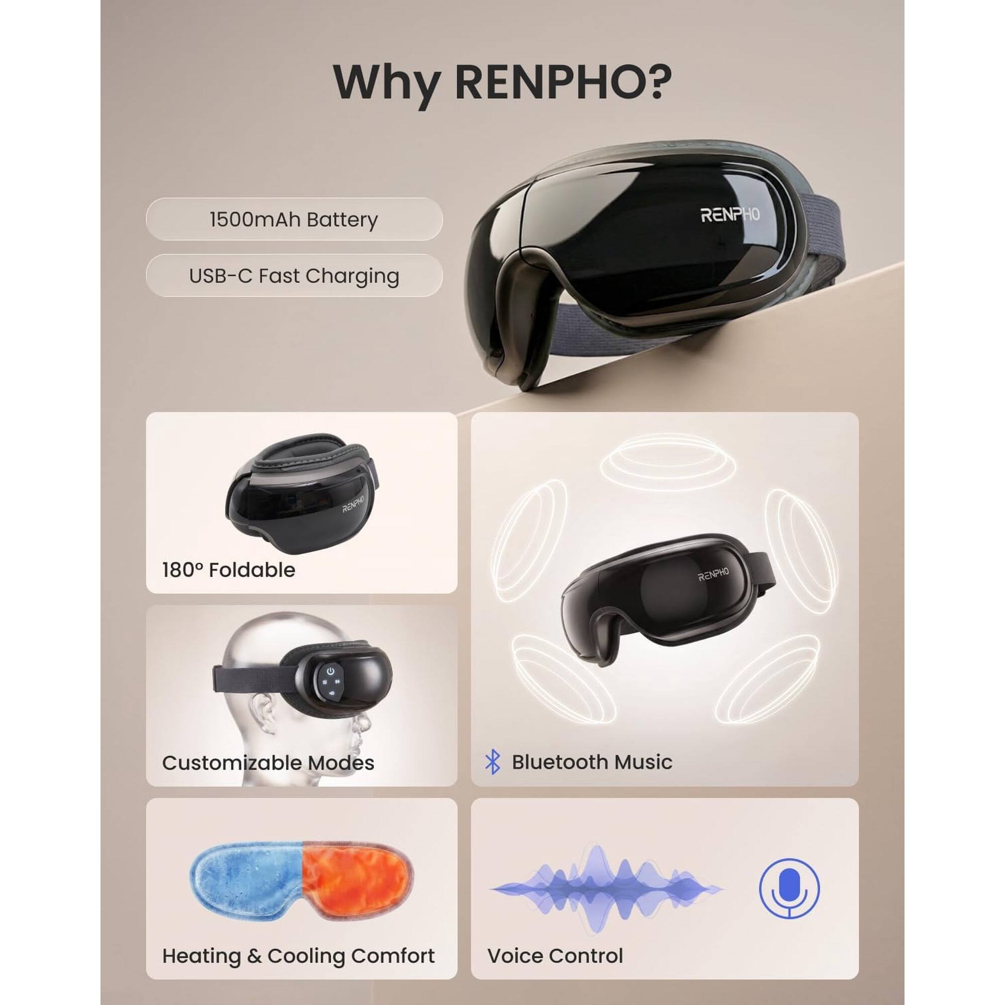 Why RENPHO?  
- 1500mAh Battery  
- USB-C Fast Charging  
- 180° Foldable  
- Customizable Modes  
- Bluetooth Music  
- Heating & Cooling Comfort  
- Voice Control