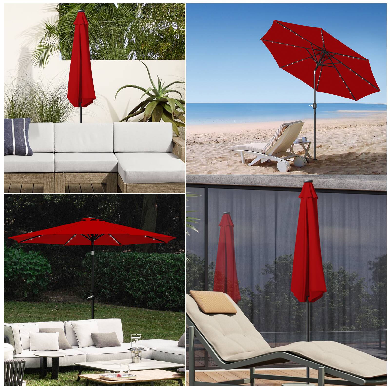 Alt View 3. Oumilen - 9ft Solar LED Patio Umbrella, Red.