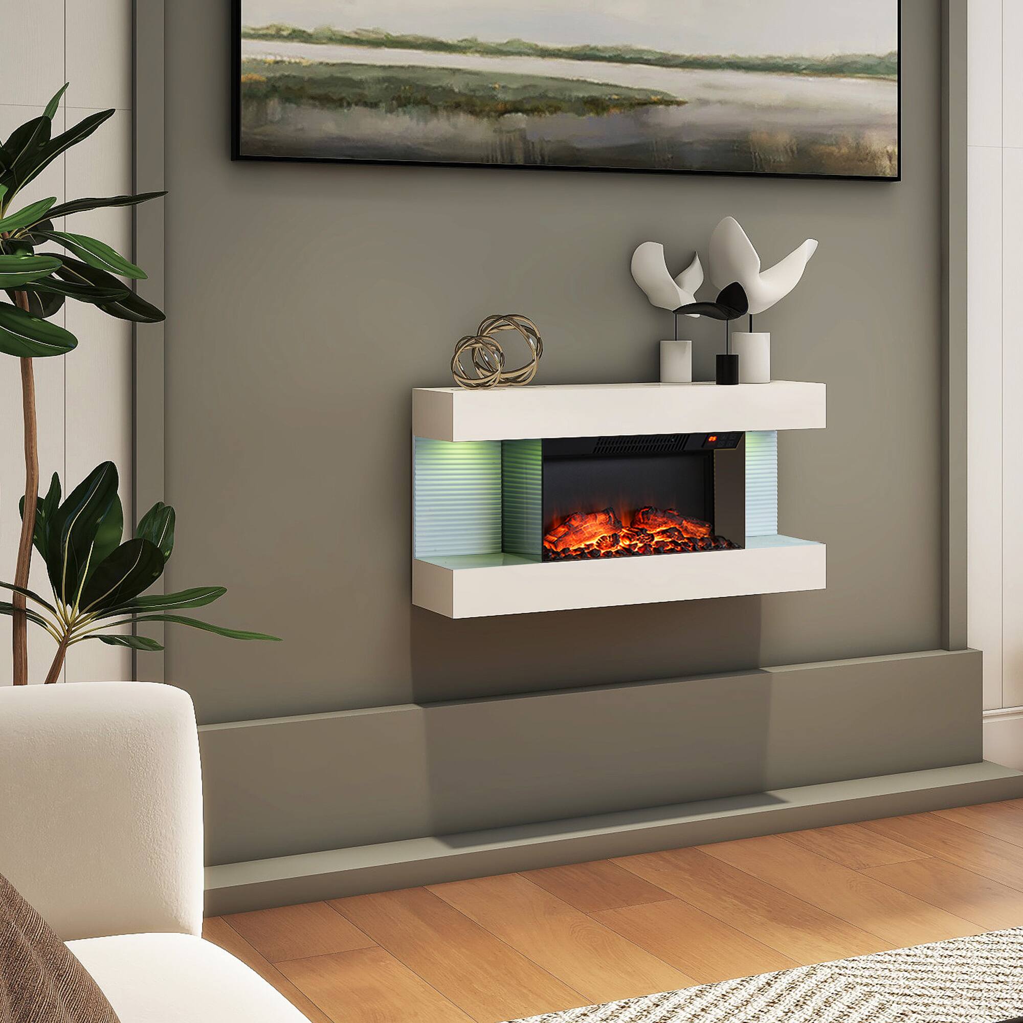 Left. Mondawe - 32" Stylish Electric Fireplace with Suspended LED Light Mantel and Remote Control - Black and White.