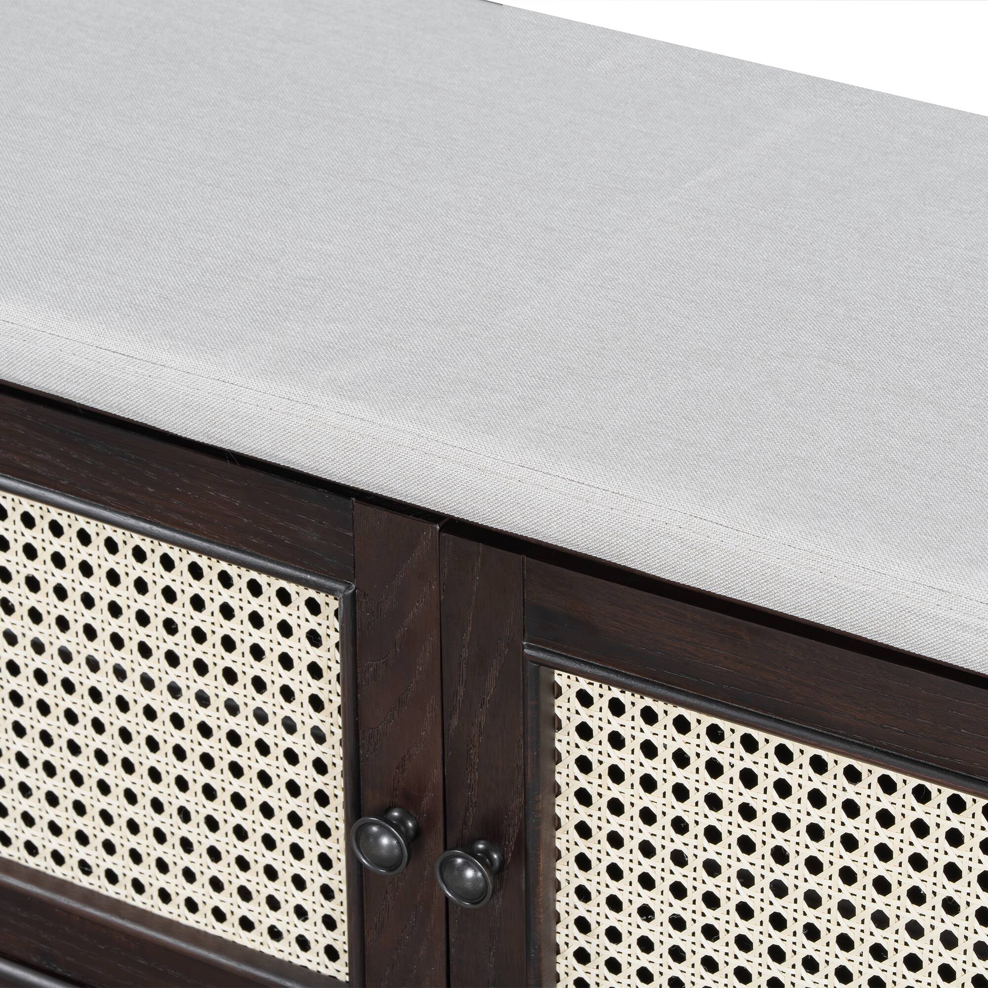 Alt View 6. Ropilly - Ropilly Boho Rattan Entryway Bench with Storage, Cushioned Shoe Organizer with Doors and Adjustable Shelves, Espresso - Espresso and Beige.