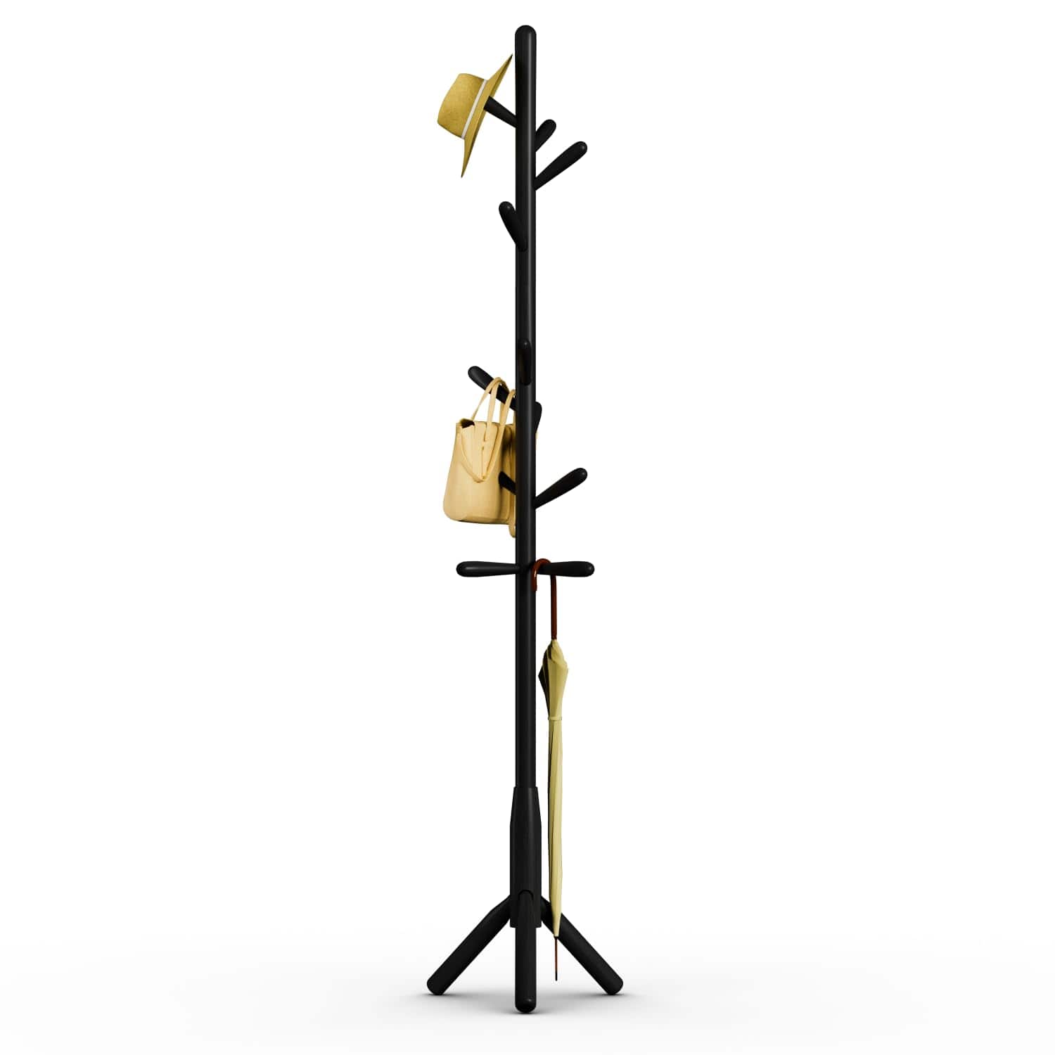 HM 1810 - Solid Wood Coat Rack Freestanding Tree-shaped With Main Pole 1 6 Dia For Clothes Hat Stand In - Black 3-Leg Base