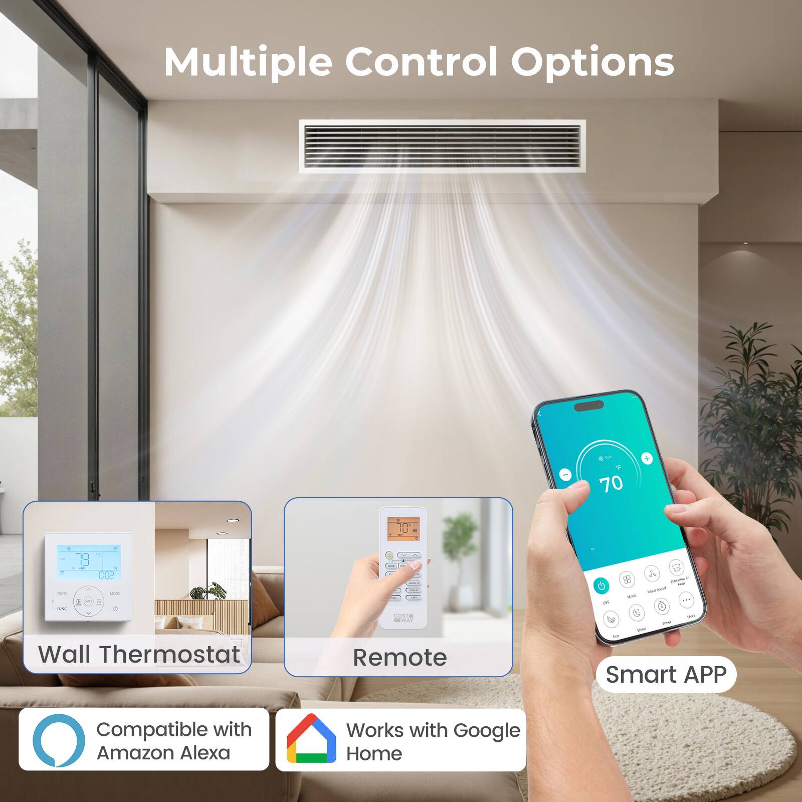 Multiple Control Options

- Wall Thermostat
- Remote
- Smart APP

Compatible with Amazon Alexa
Works with Google Home