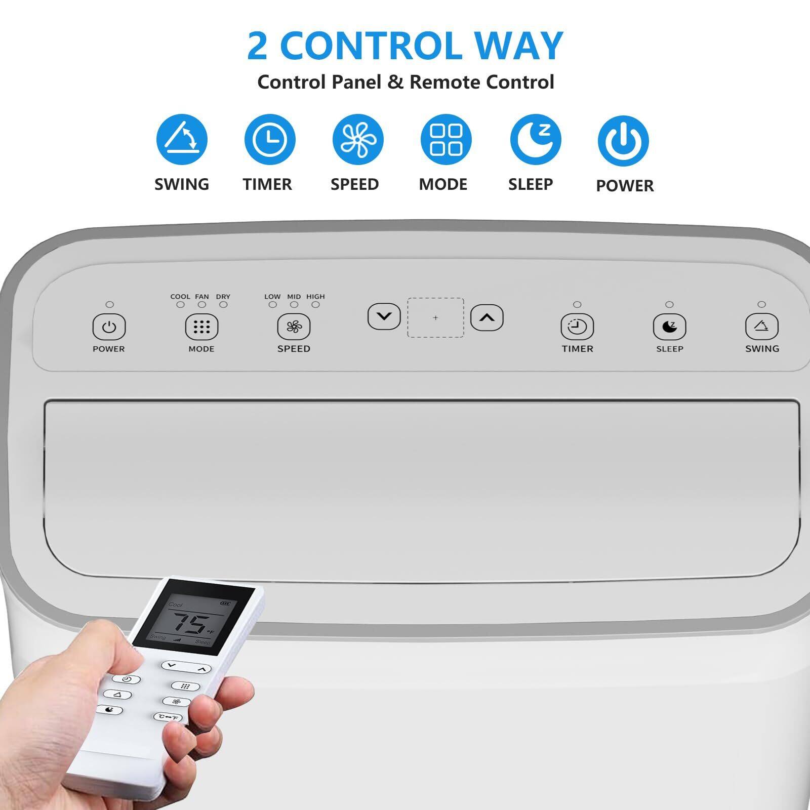 2 CONTROL WAY  
Control Panel & Remote Control  

SWING TIMER SPEED MODE SLEEP POWER  

COOL FAN DRY  
LOW MID HIGH  

POWER MODE SPEED TIMER SLEEP SWING  

75.0