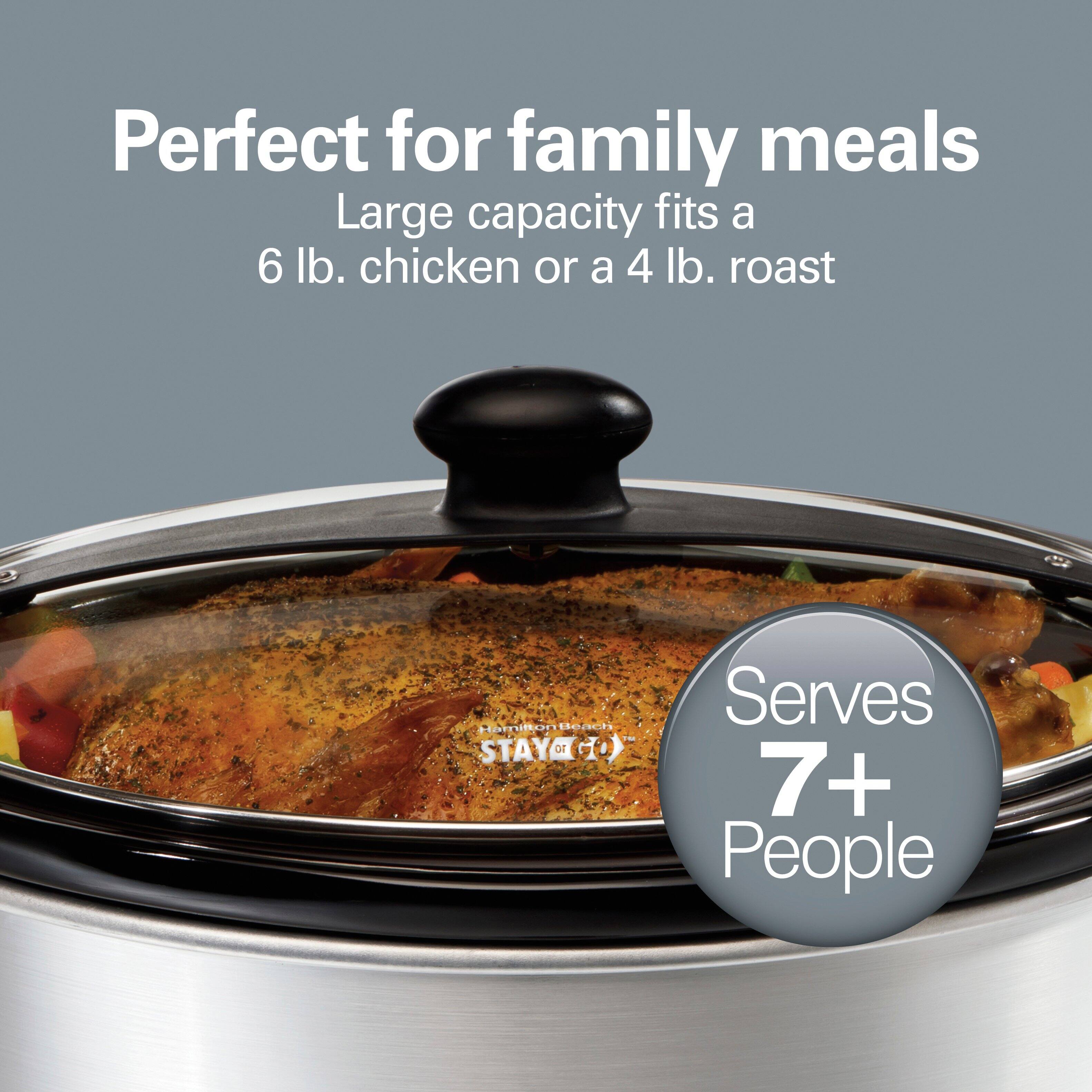 Perfect for family meals  
Large capacity fits a 6 lb. chicken or a 4 lb. roast  
Serves 7+ People