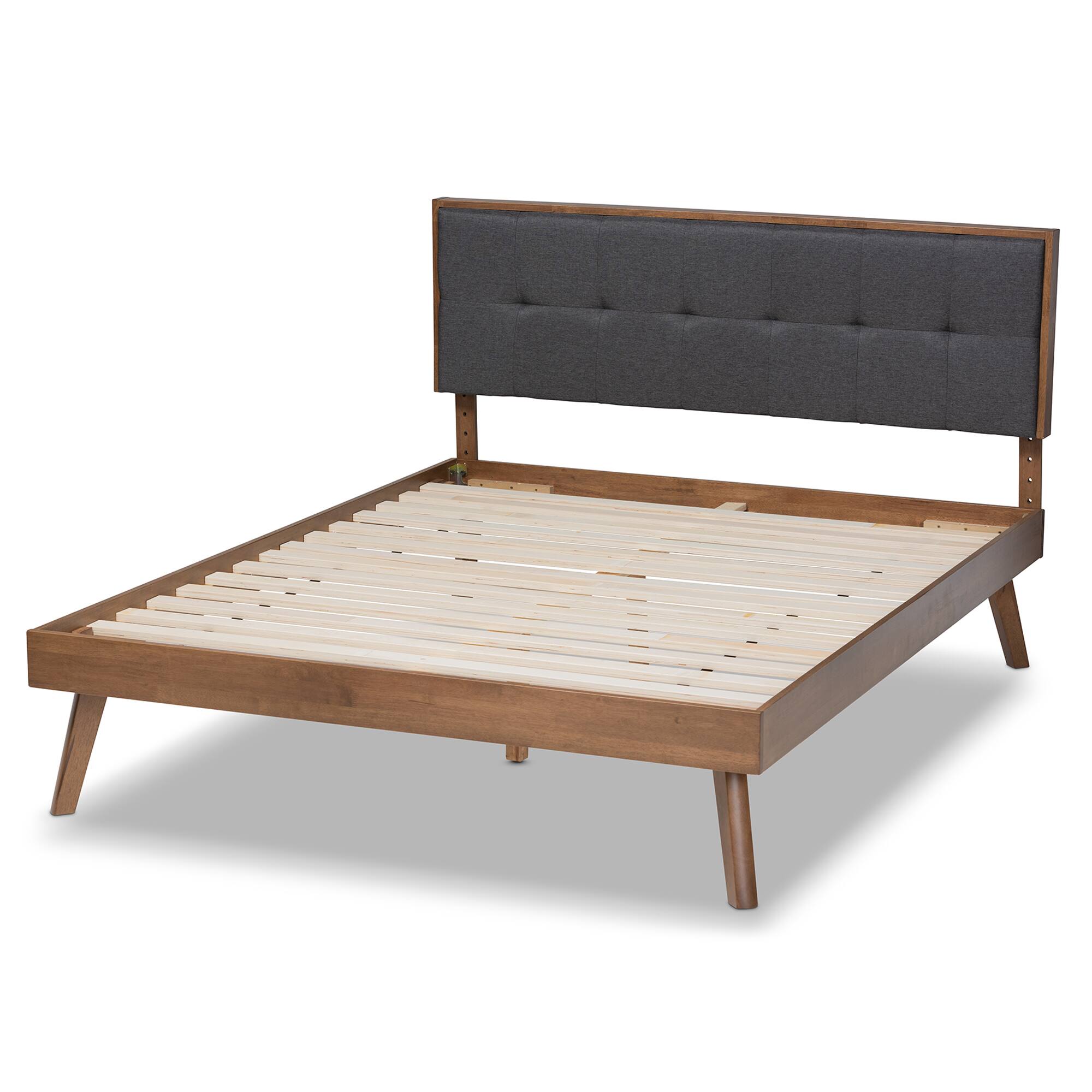 Left. Baxton Studio - Alke Mid-Century Modern Fabric Upholstered Walnut Brown Finished Wood Platform Bed - Dark Grey/Walnut.