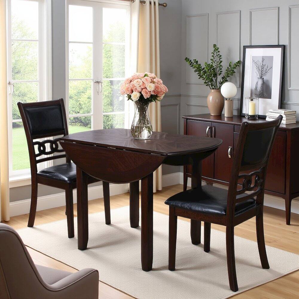 Left. FurniFact - Brown Drop Leaf Table and Chairs Set, Compact Round Dining Table with 2 Chairs - Brown.