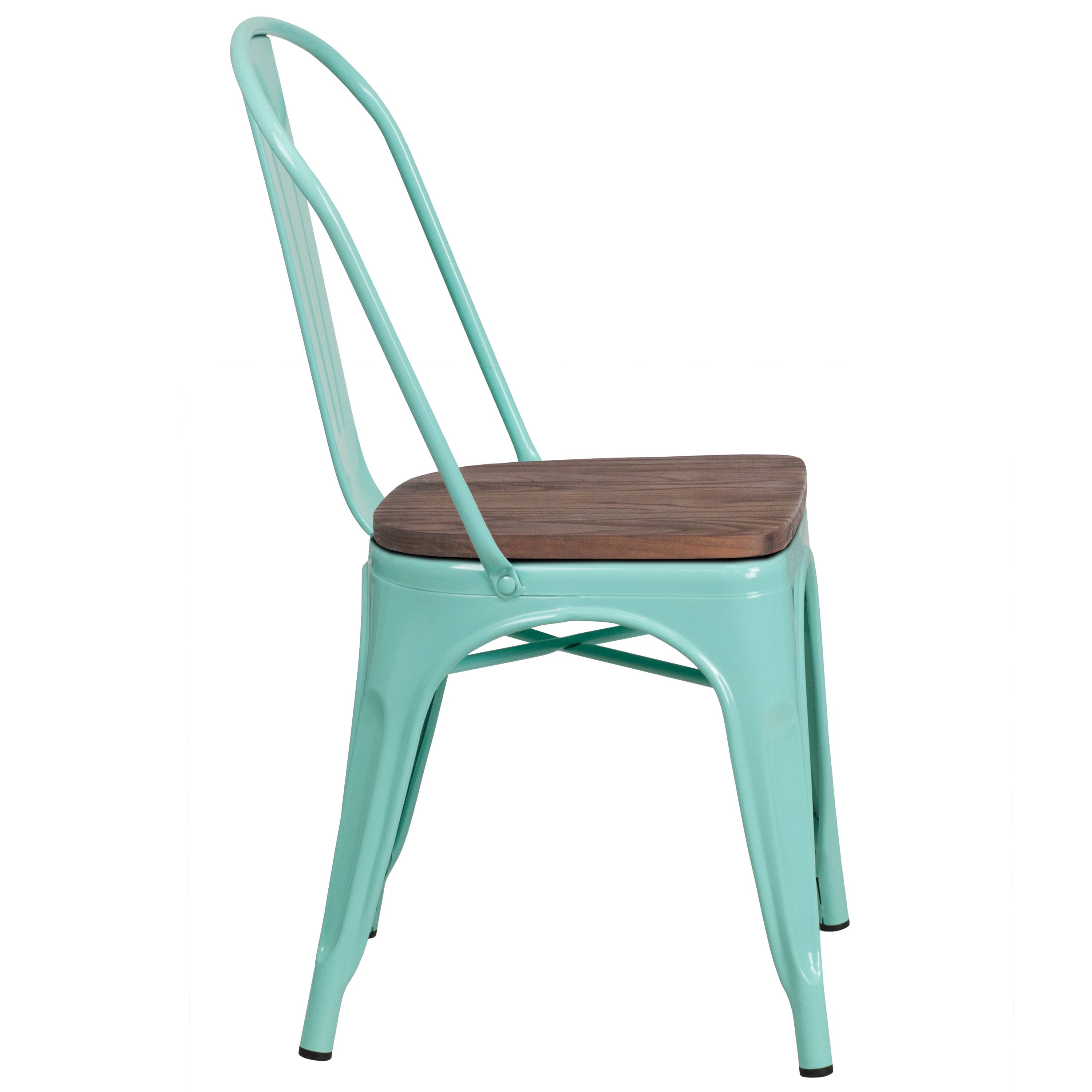Alt View 4. Emma + Oliver - Colorful Metal Dining Stack Chair with Wood Seat - Mint Green.