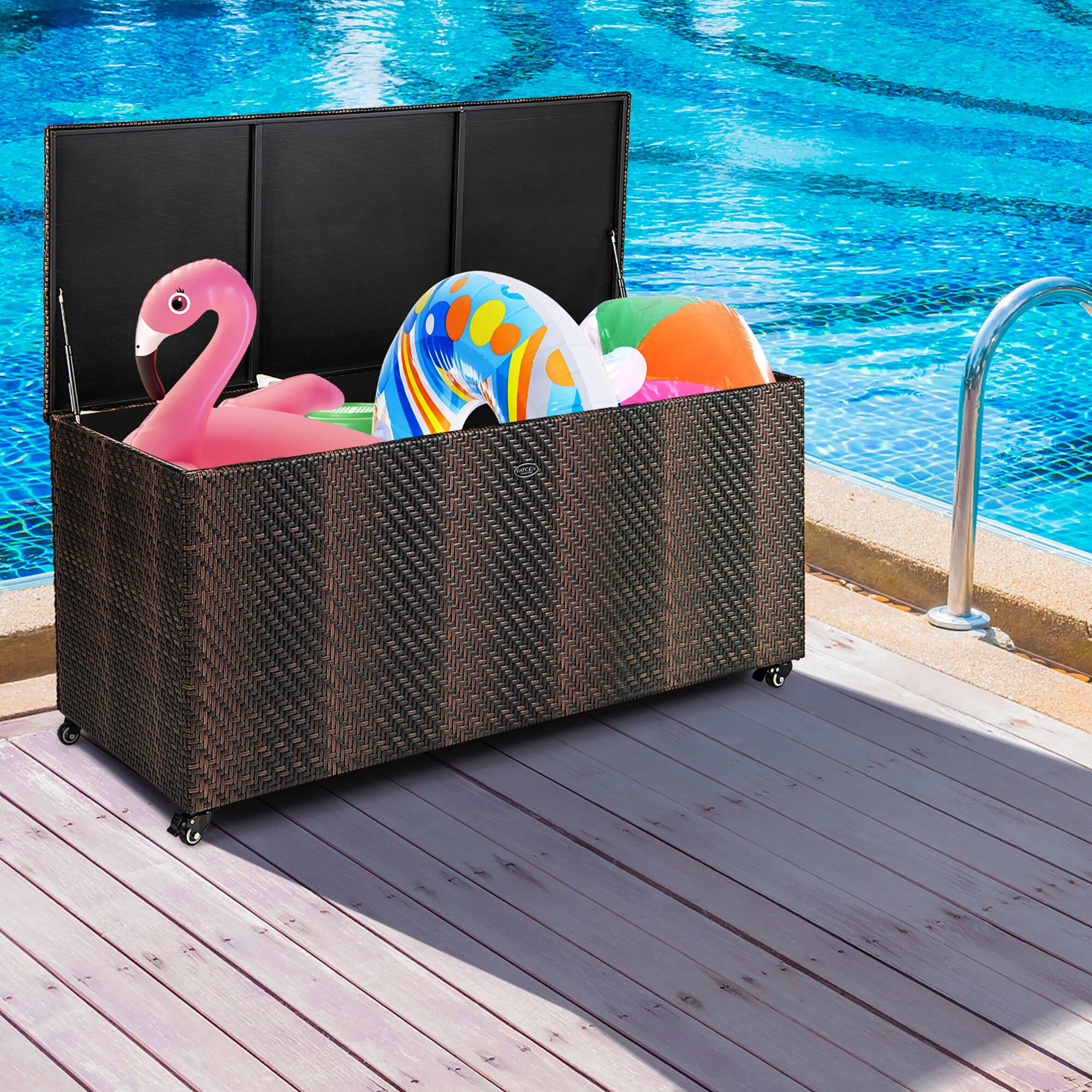 Alt View 3. Gymax - Gymax 2-in-1 PE Wicker Outdoor Storage Box Furniture Deck Box Garden Tools Mix Brown - Mix Brown.