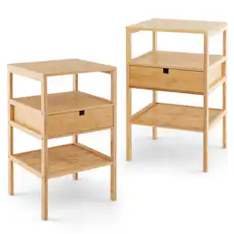 WELLFOR - Set of 2 Bamboo Nightstands with 2 Open Shelves and Drawer - Natural