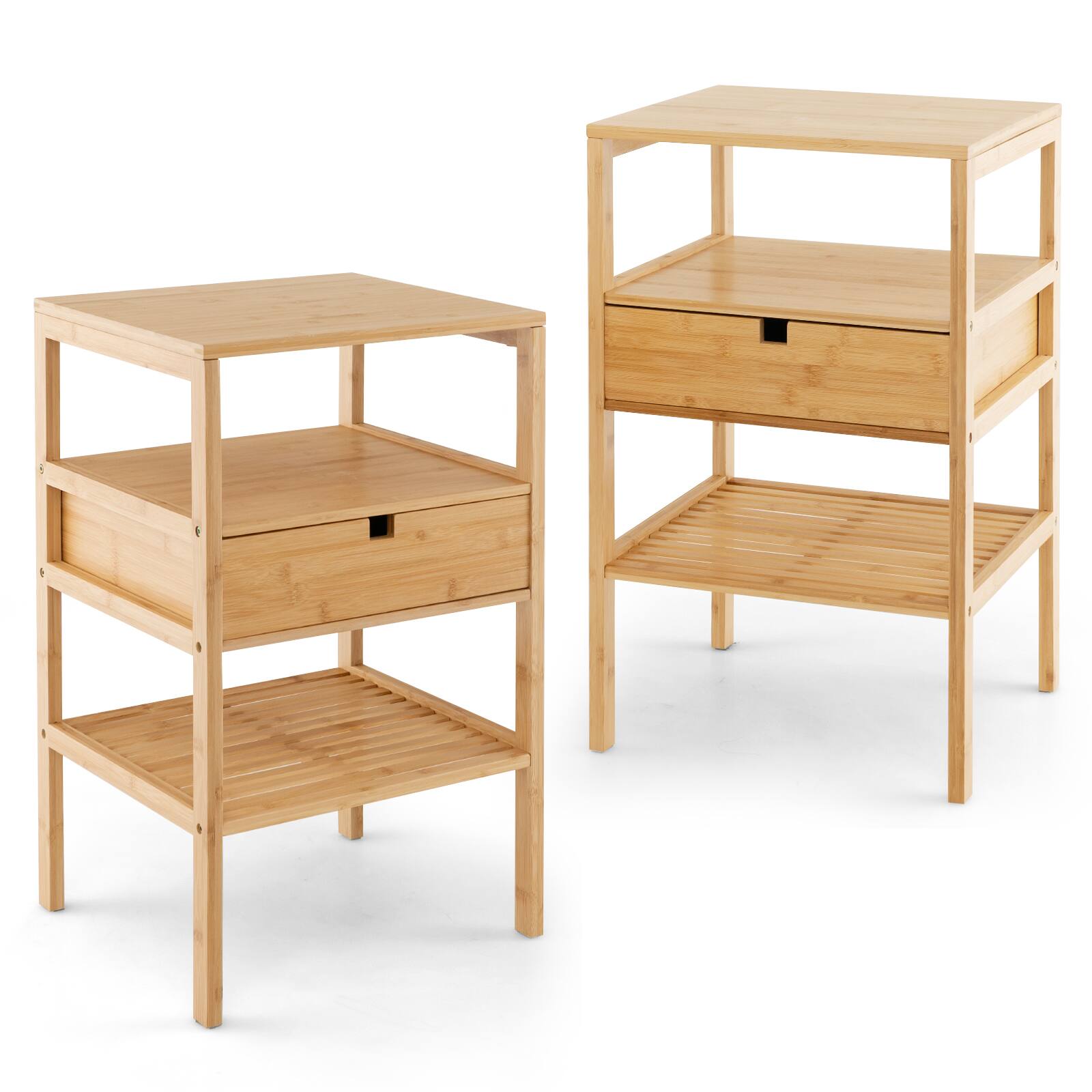 Front. WELLFOR - Set of 2 Bamboo Nightstands with 2 Open Shelves and Drawer - Natural.
