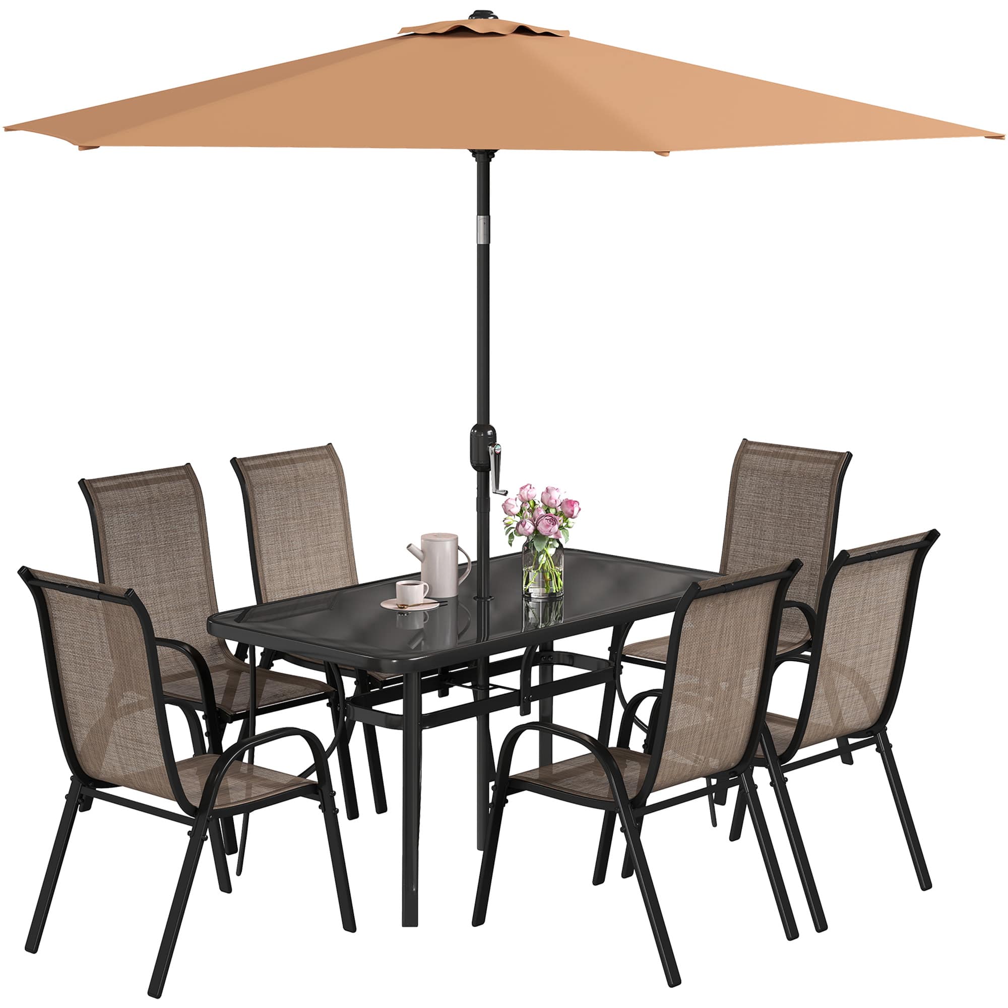 Outsunny - Pieces Patio Furniture Set with 9Ft Patio Umbrella, Outdoor Dining Table and Chairs - Brown