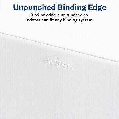 Unpunched Binding Edge  
Binding edge is unpunched so indexes can fit any binding system.  

AVERY