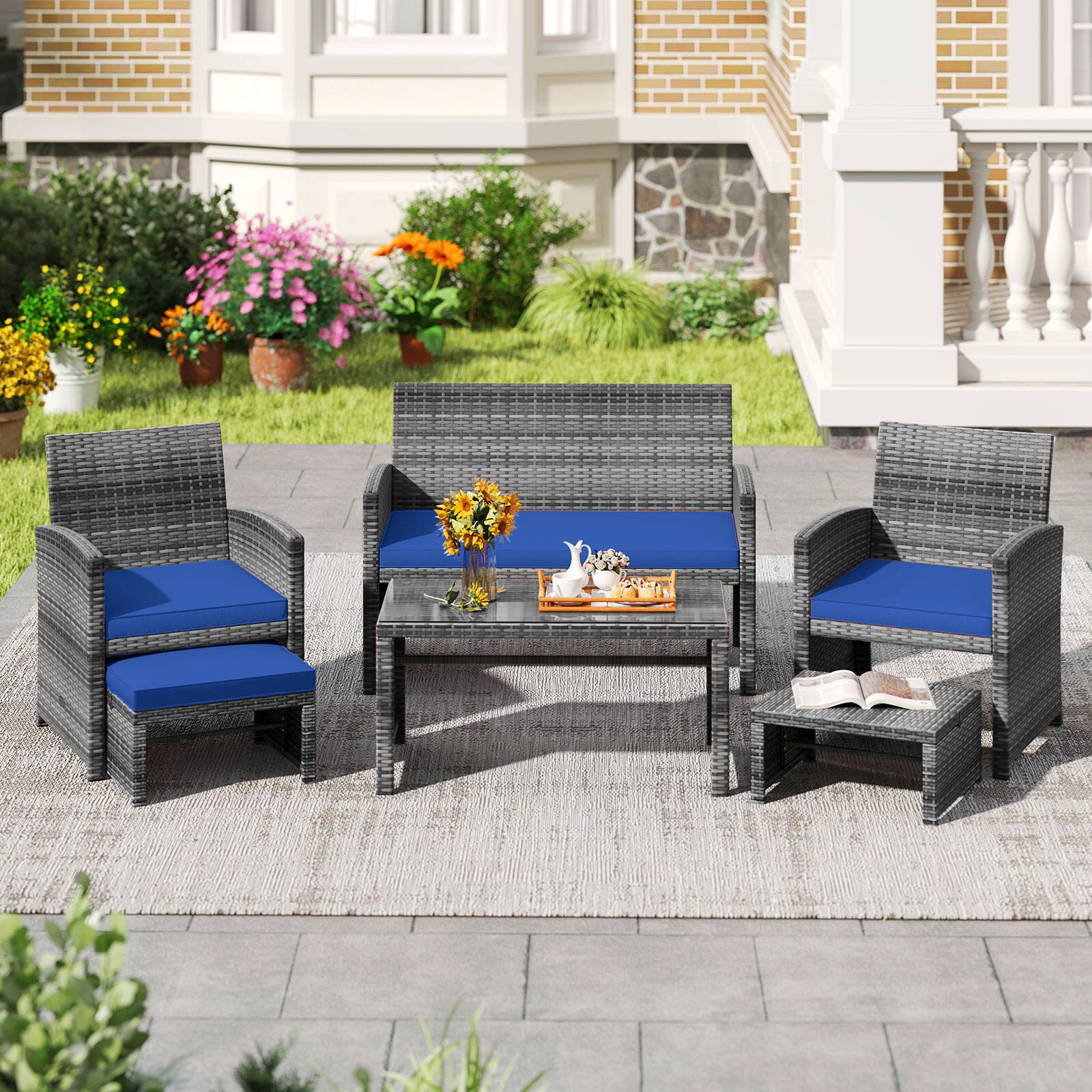 Alt View 1. Costway - Costway 6PCS Patio Furniture Set Outdoor Sectional Conversation PE Rattan Sofa Set - Mix Brown,Navy Blue.