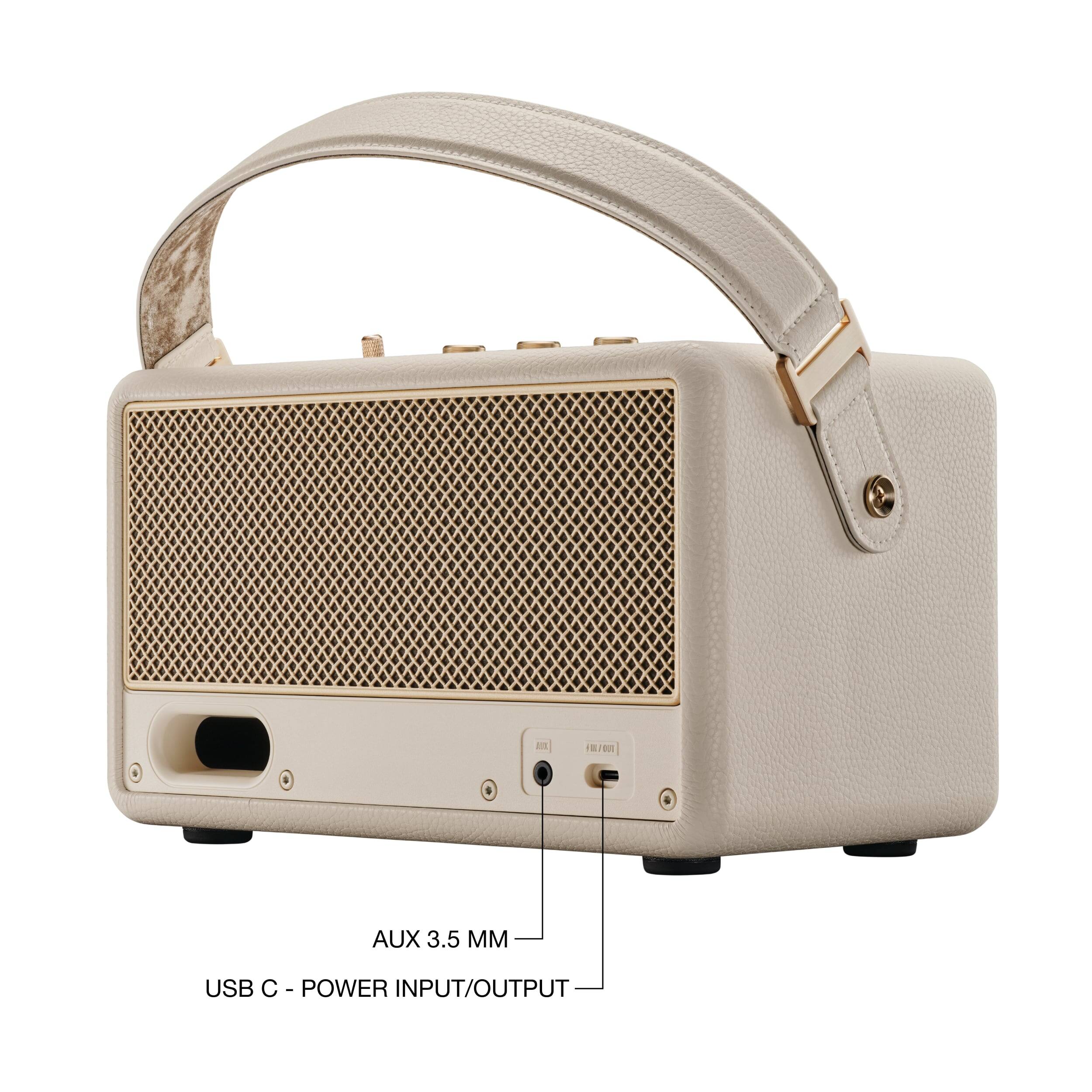 The text on the image reads: "USB C - POWER INPUT/OUTPUT AUX 3.5MM."