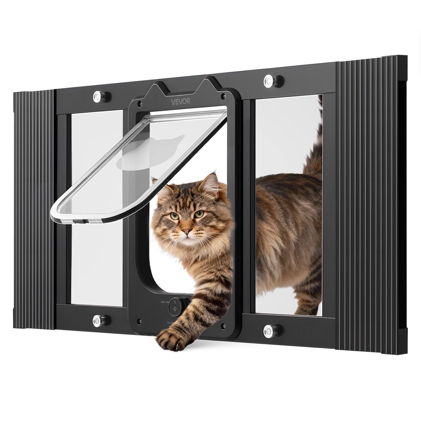 Front. VEVOR - Cat Door for Window, Adjustable to Fit Window Width 27"-32", 4 Secure Lock Modes, Aluminum Frame and High-Transparency.