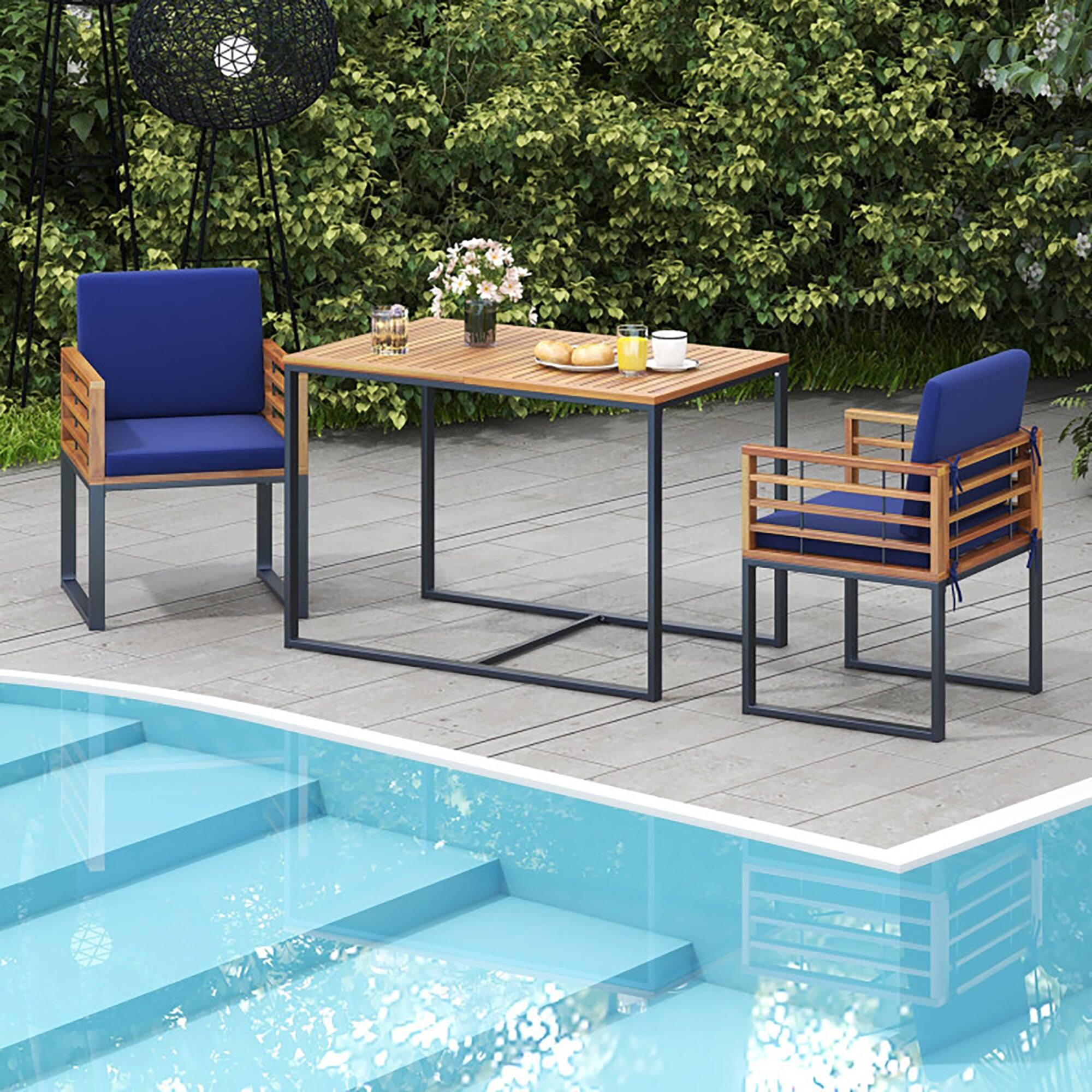 Alt View 8. Boyel Living - 3 Pieces Outdoor Dining Set with 2 Acacia Wood Armchairs and Dining Table - Navy.
